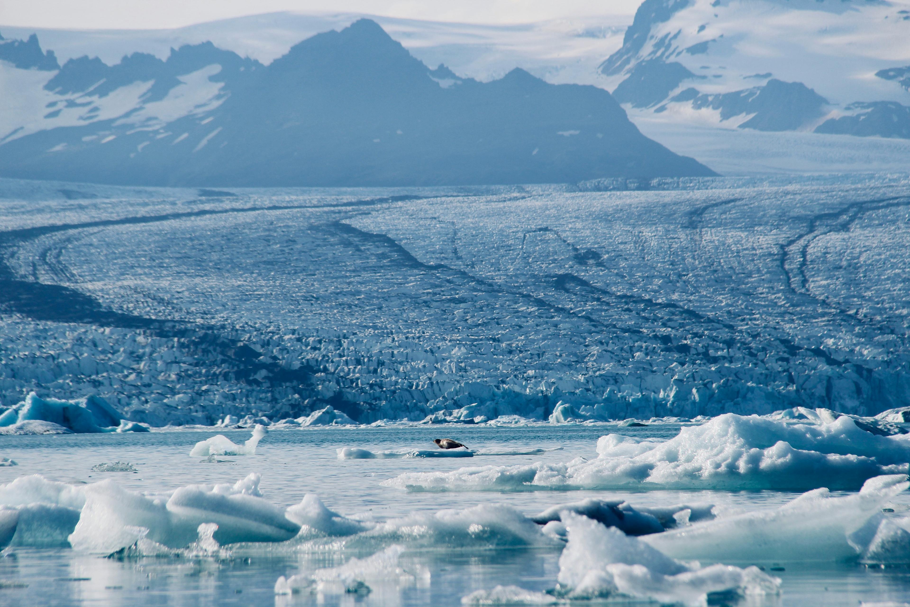A glacial lagoon with floating icebergs, set against a backdrop of distant snowy mountains.