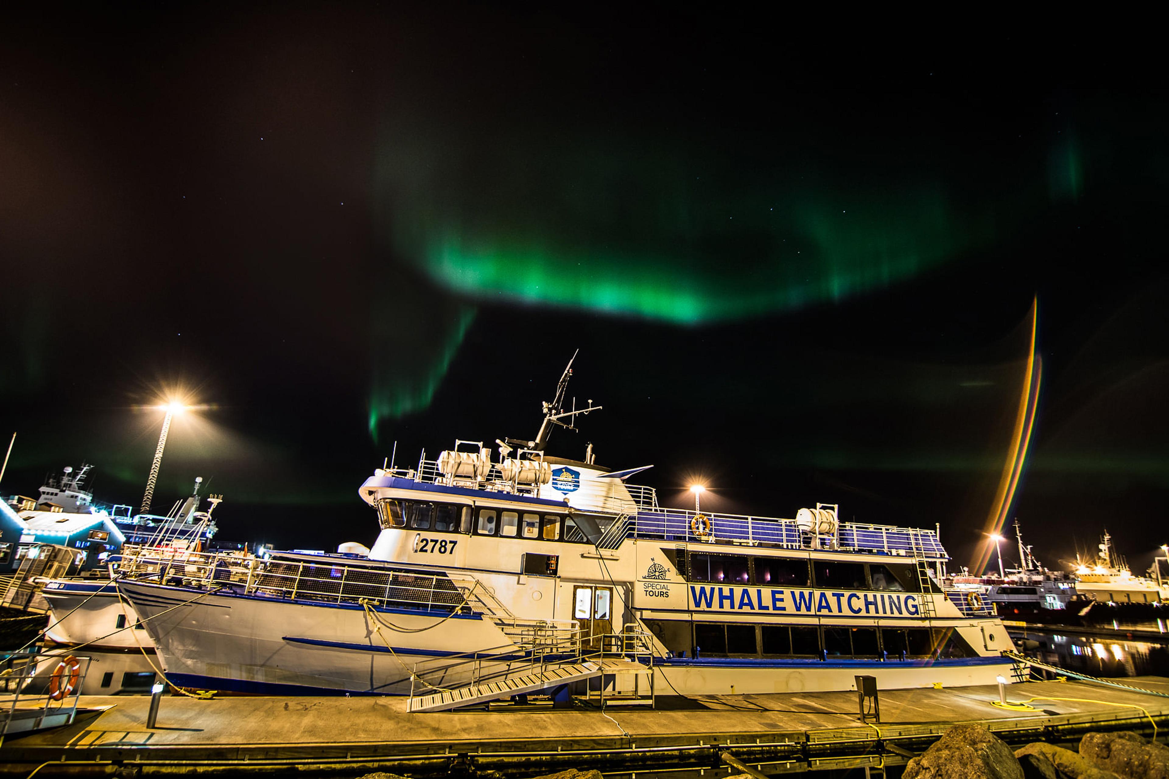 A whale watching boat docked at night under the Northern Lights.