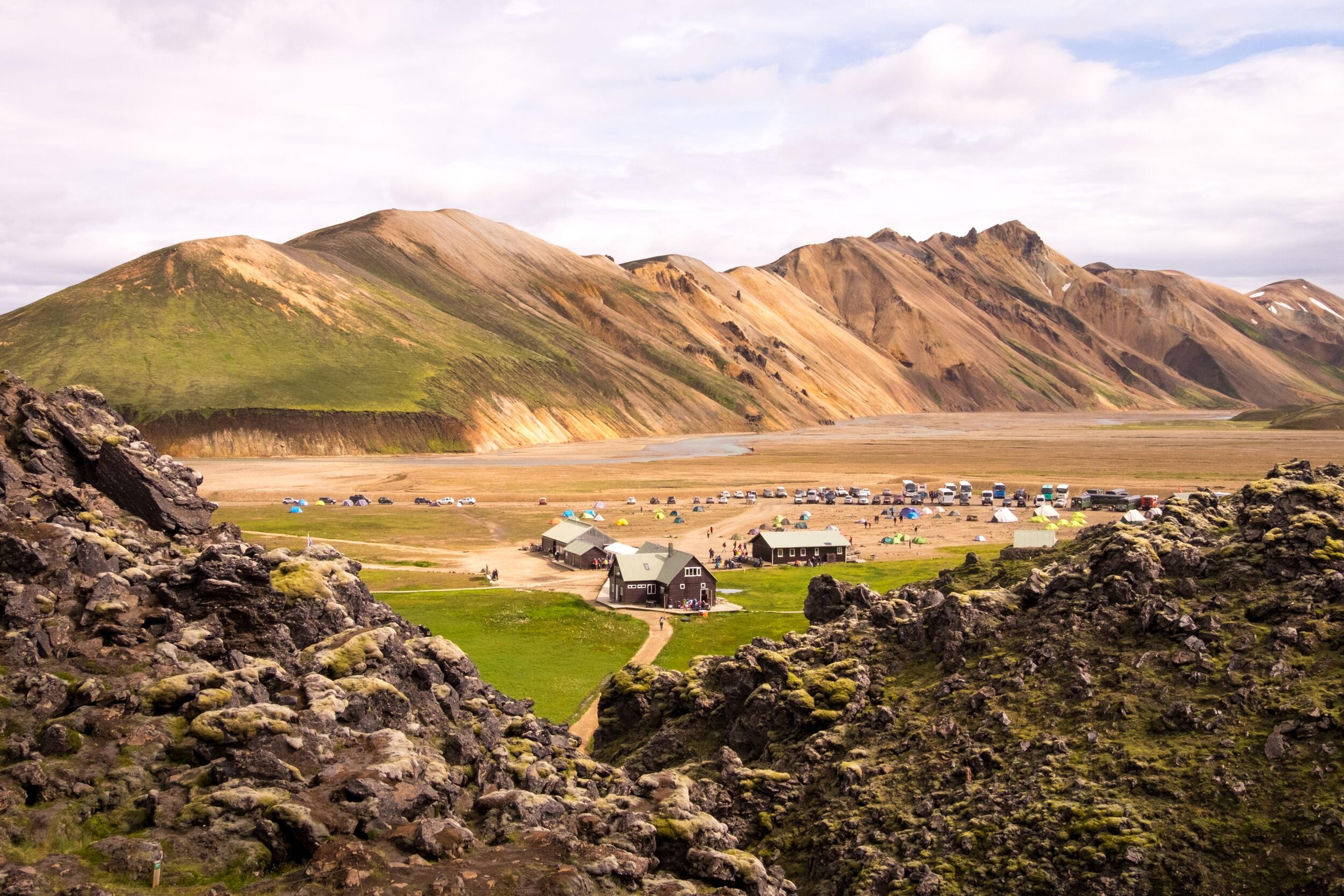 Landmannalaugar camp site in the Highlands of Iceland.