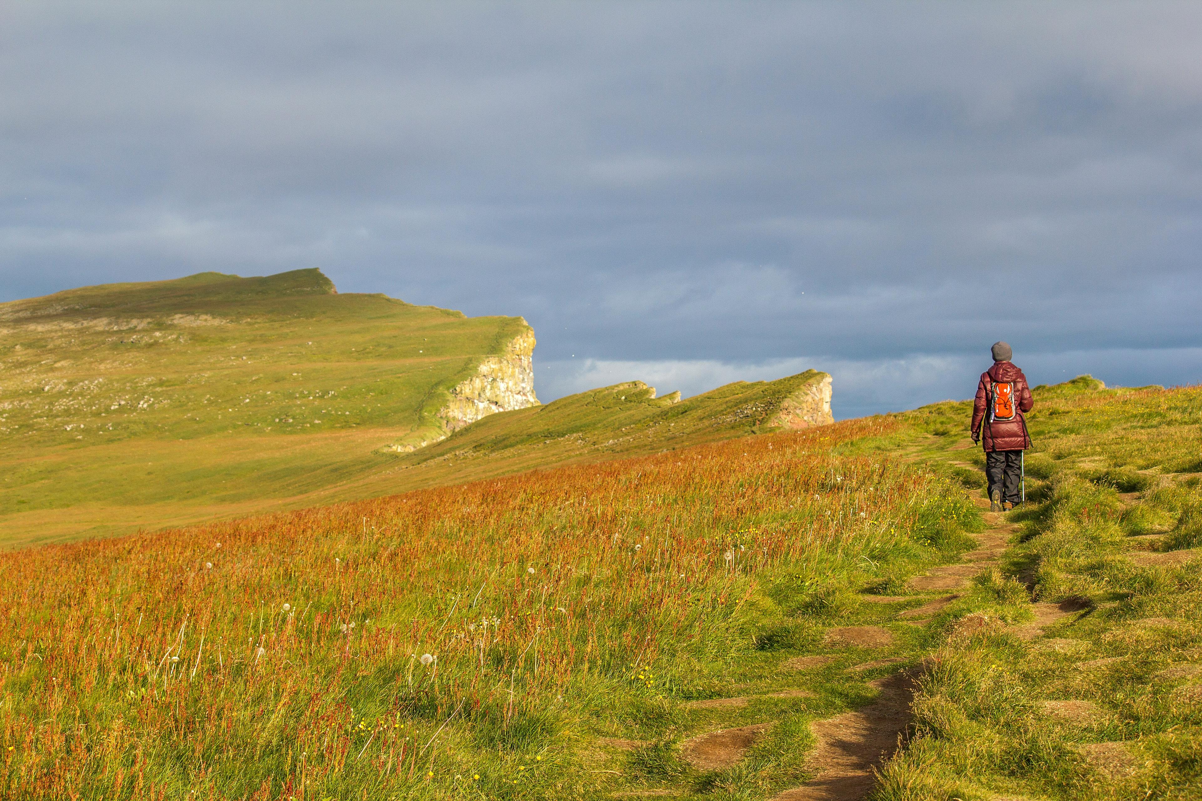 Hiker walking through a grassy field with orange and green hues, approaching rolling hills and cliffs in the Icelandic Highlands.