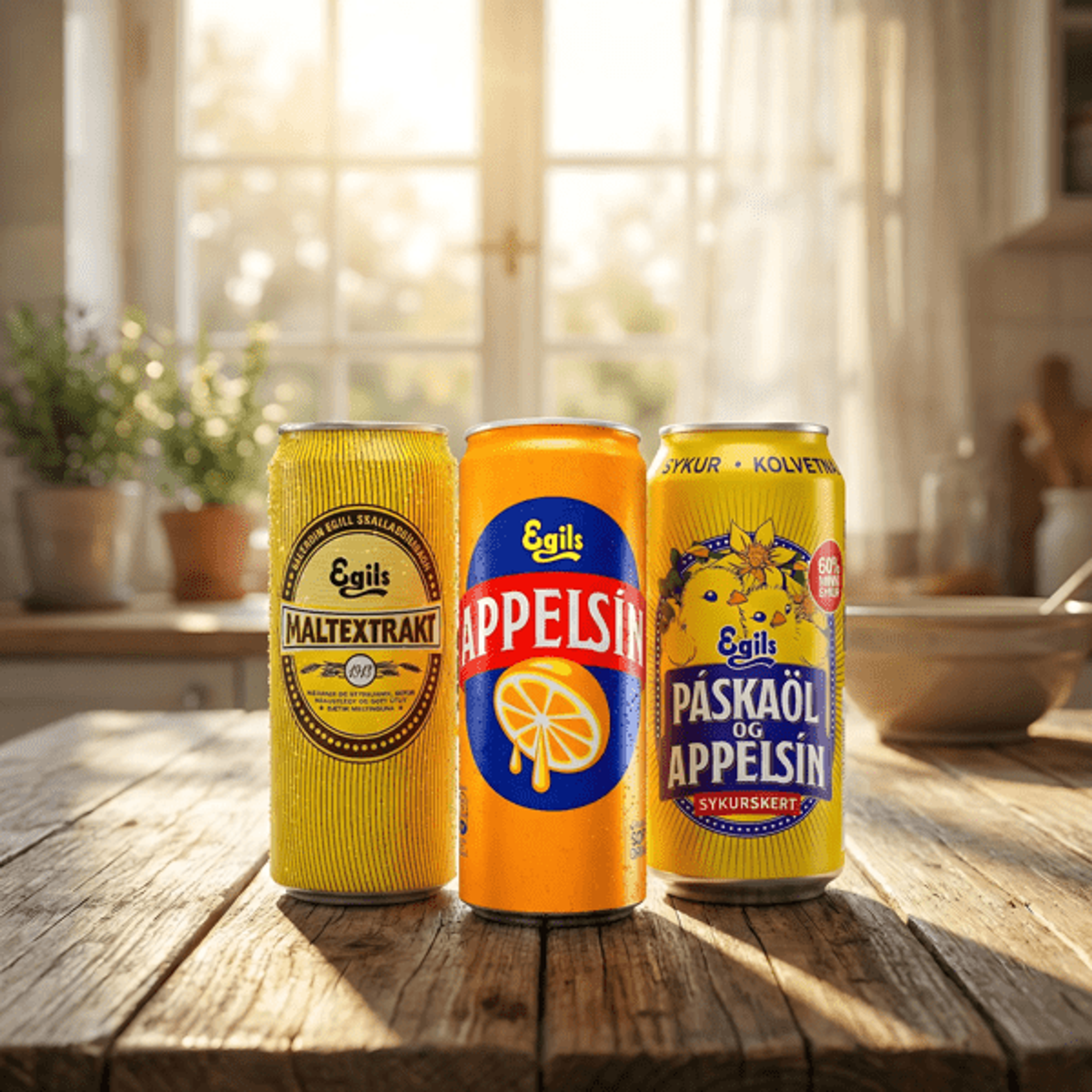 Three cold cans of Egils Maltextrakt, Appelsín, and Páskaöl og Appelsín beverages on a wooden table in a sunlit kitchen.