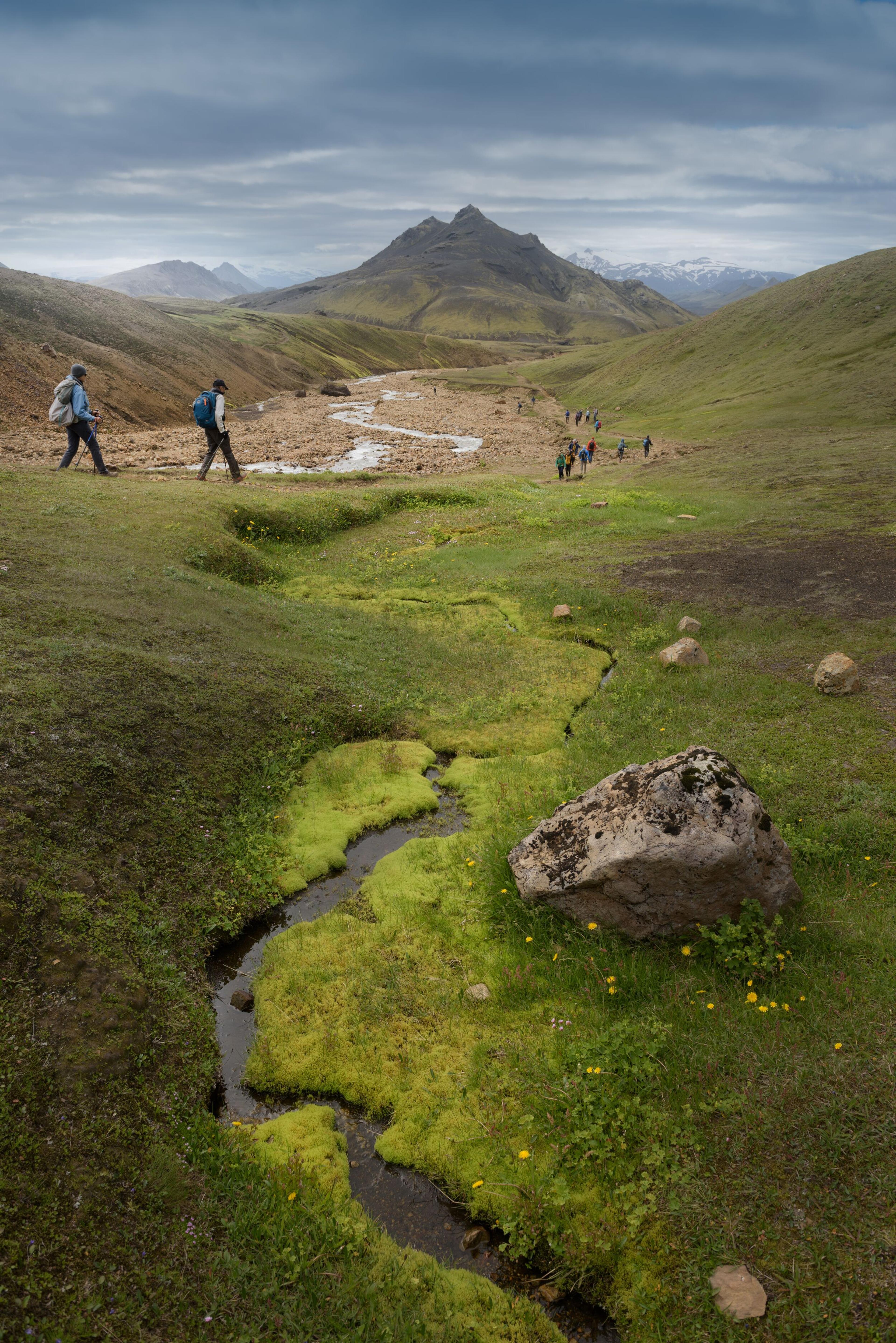 group of hikers on a trail in the icelandic highlands.