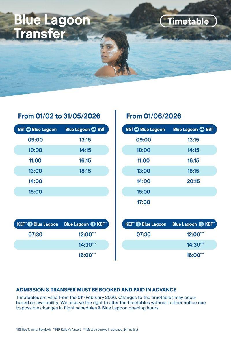 An advertisement for Blue Lagoon transfer services with a woman in the lagoon and detailed bus timetables.