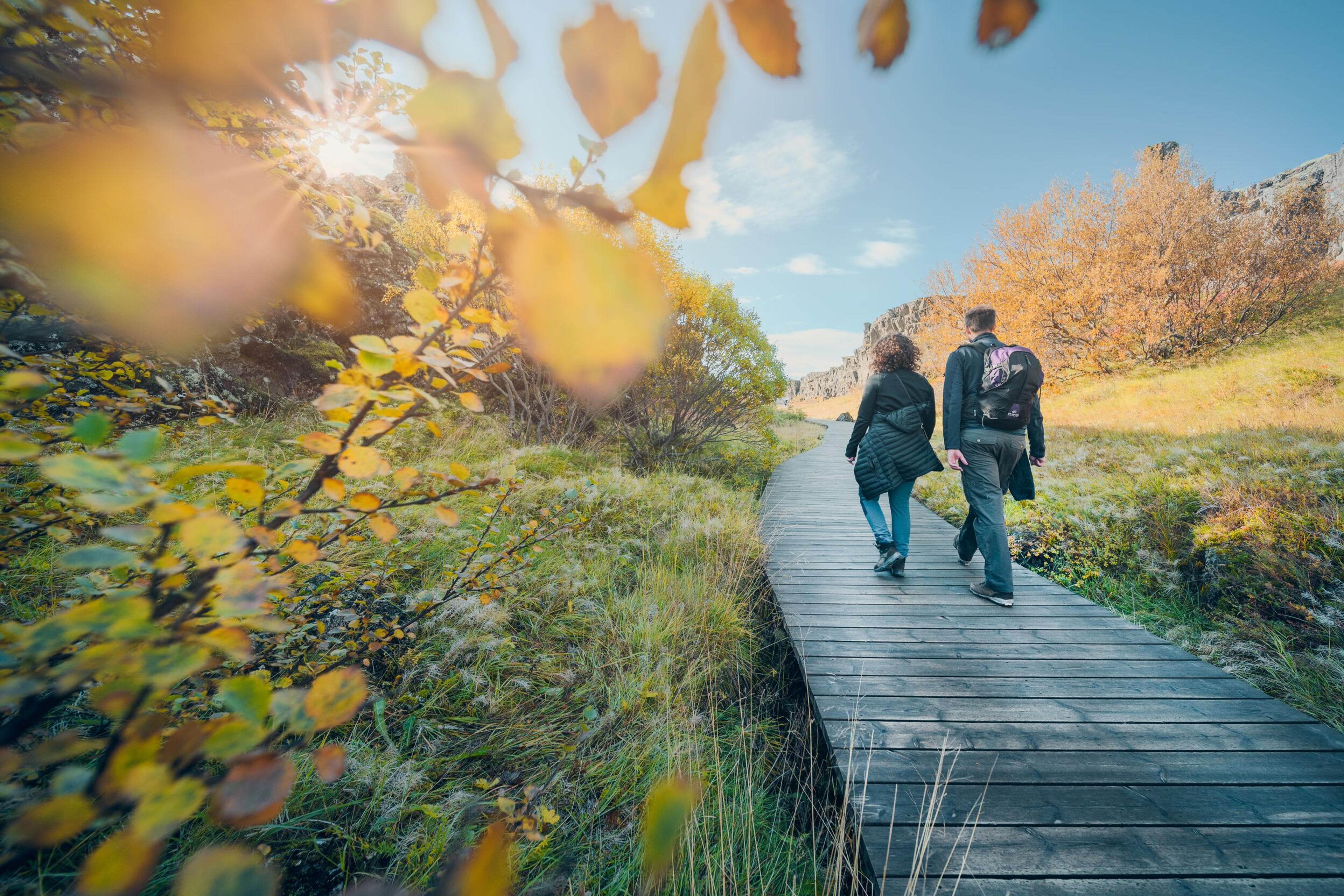 A couple walking hand in hand on a wooden boardwalk surrounded by autumn foliage, with sunlight filtering through the leaves, creating a warm, tranquil atmosphere.