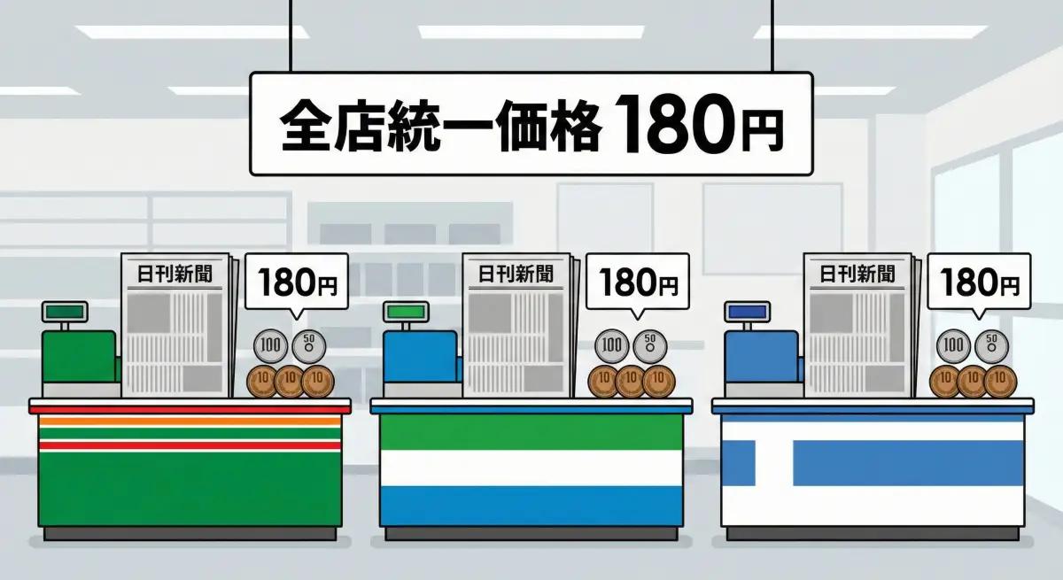 異なる3つのコンビニのレジカウンターに、同じ新聞と同じ金額の小銭が置かれている図解