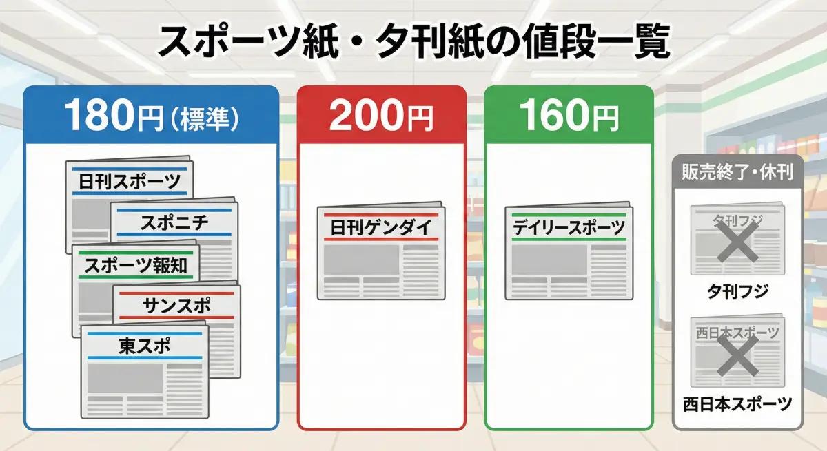 スポーツ紙と夕刊紙の値段一覧（180円、200円、160円）と休刊紙の図解
