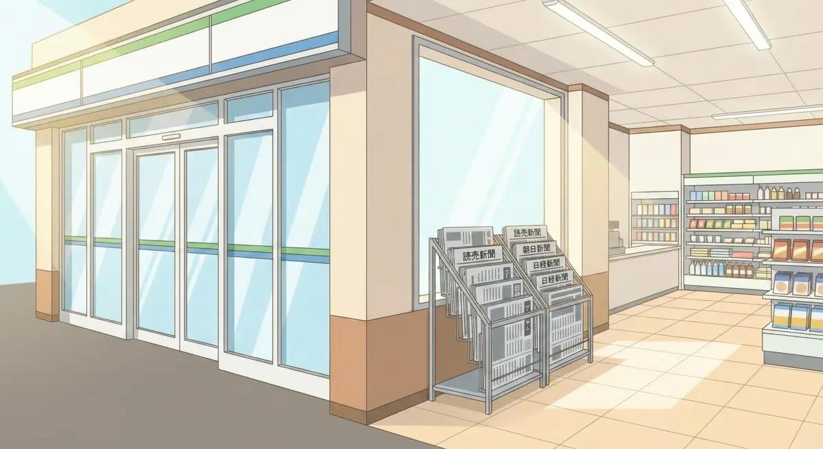 コンビニの外観と、店内の窓際に置かれた新聞売り場（ラック）のイラスト