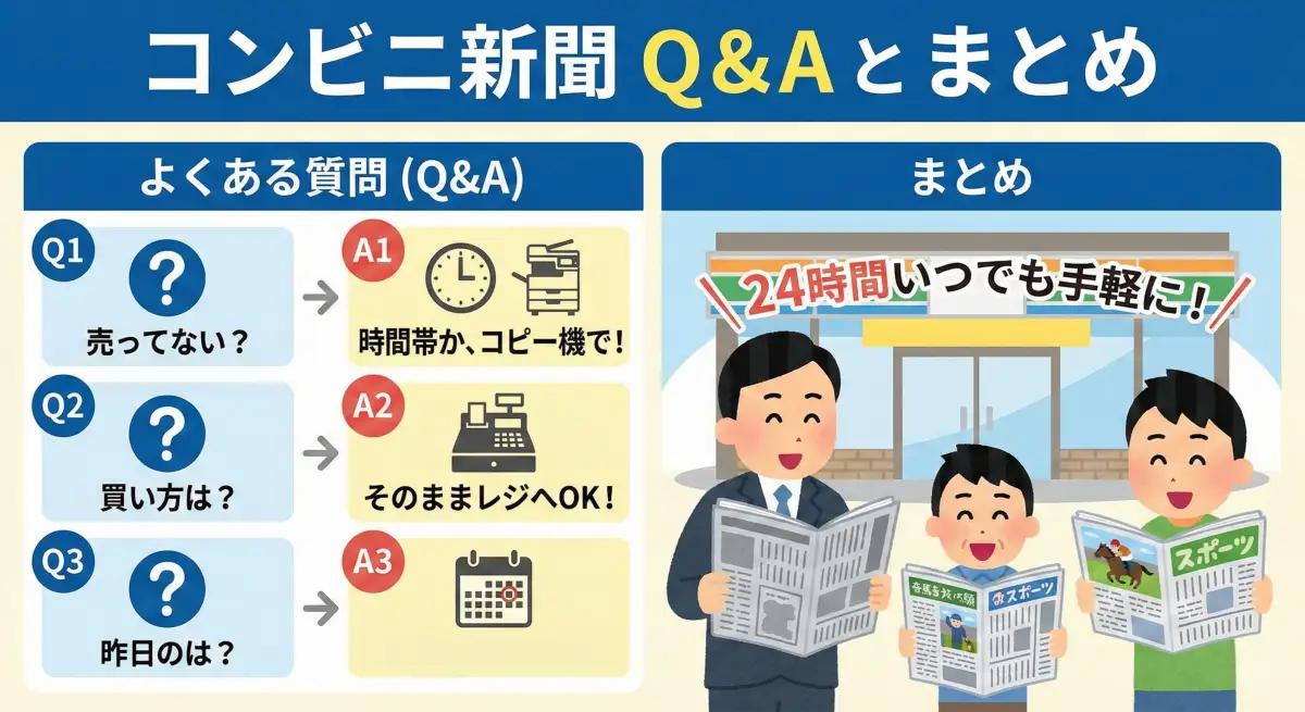 コンビニ新聞のよくある質問（売ってない理由、買い方、過去の新聞）のまとめ図解