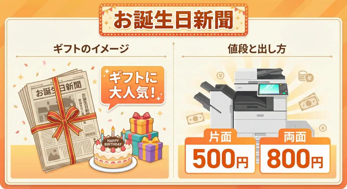 お誕生日新聞のギフト利用イメージと、印刷料金（片面500円・両面800円）の図解