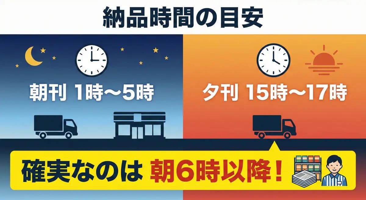 朝刊（1時〜5時）と夕刊（15時〜17時）の納品時間と、朝6時以降が確実であることを示す図解