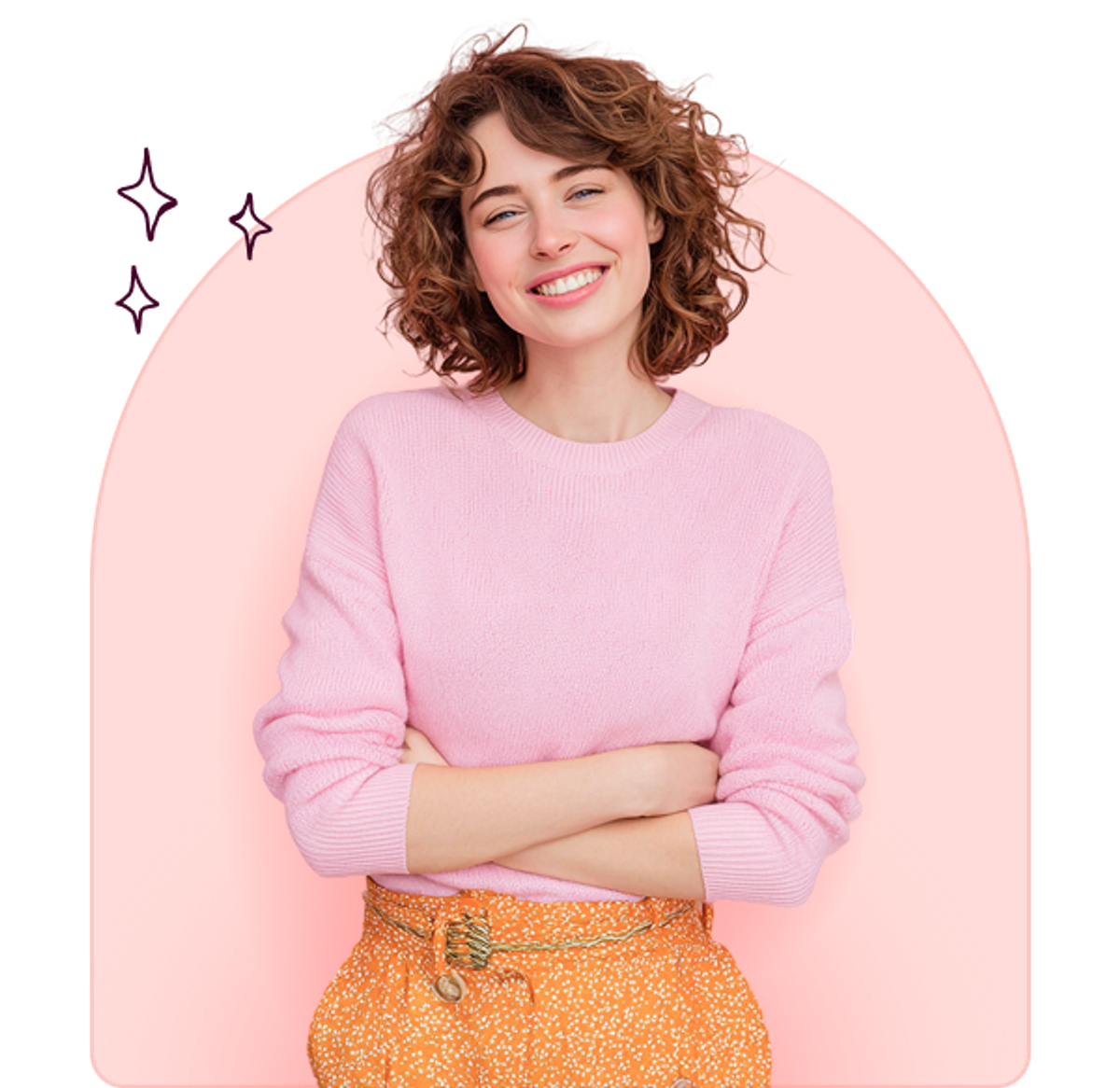 Confident woman in a pink sweater with arms crossed, expressing self-assurance and positivity