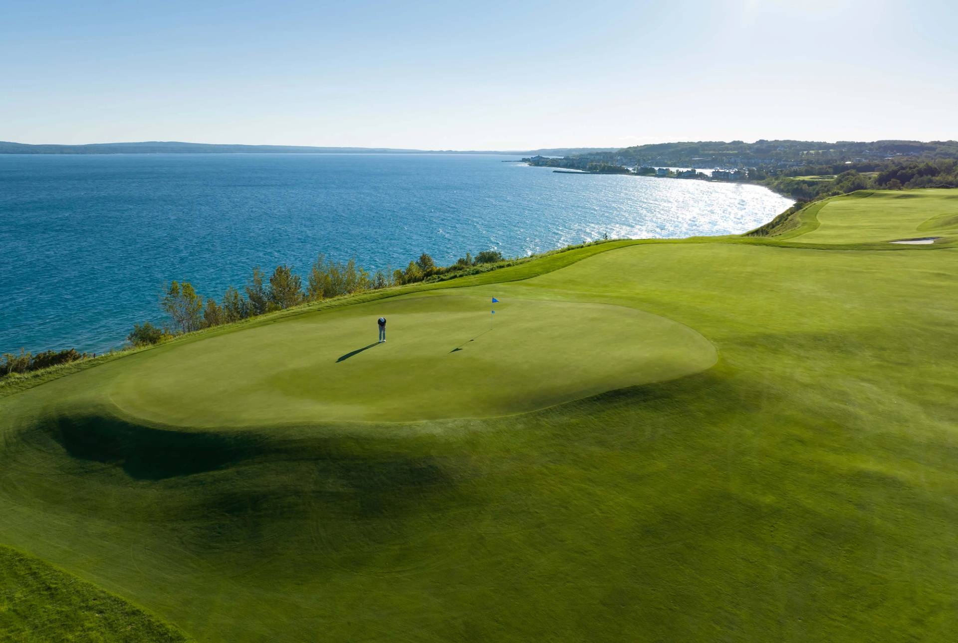 Bay Harbor Golf Club in morning light, fog