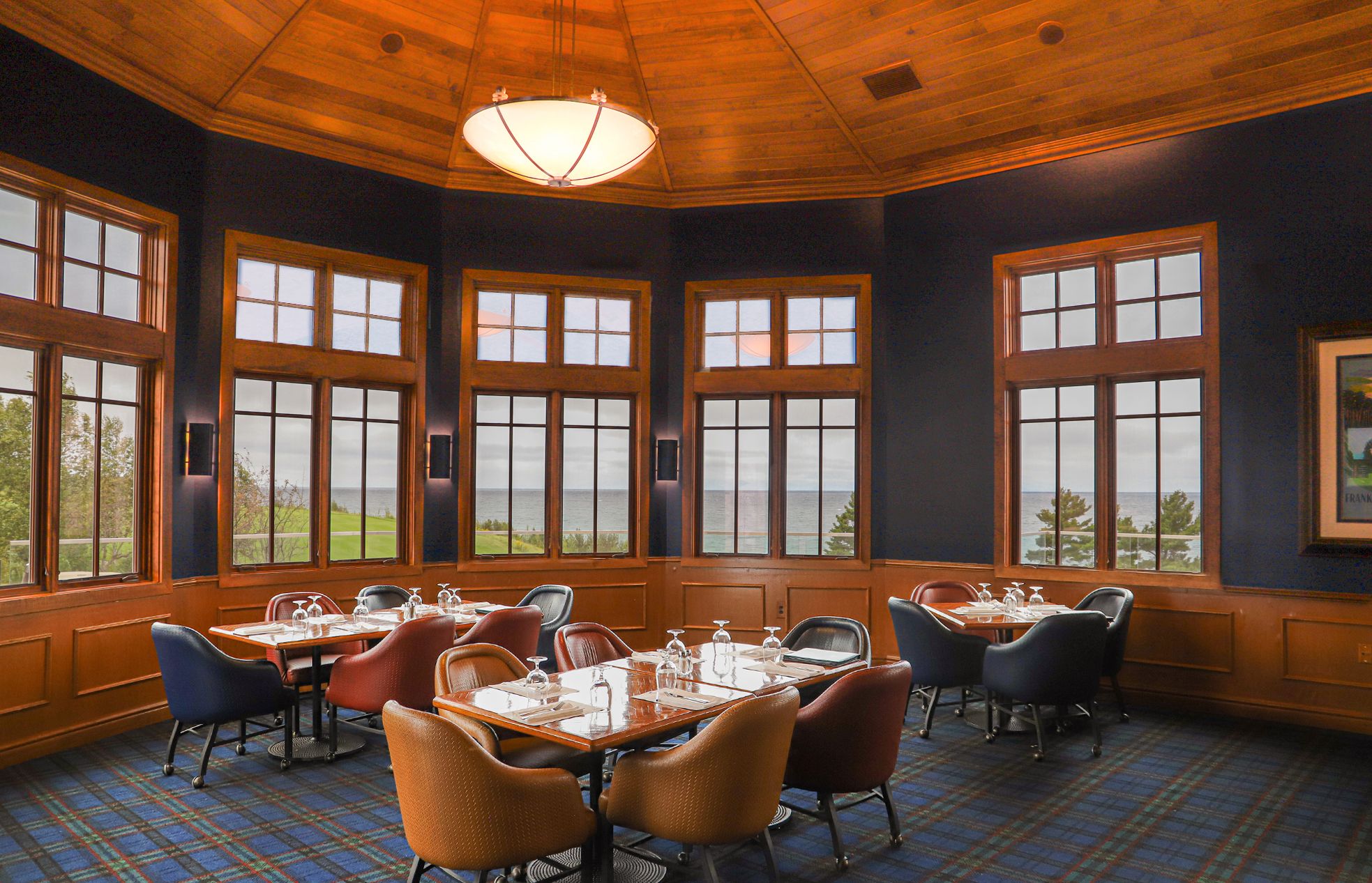 The Links Grille dining room interior and lake view, Bay Harbor Golf Club
