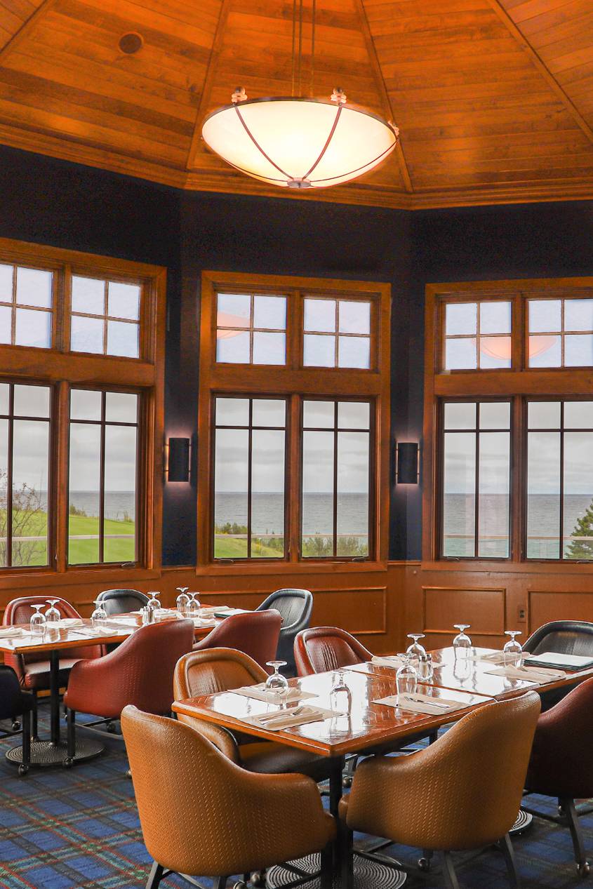 The Links Grille dining room interior and lake view, Bay Harbor Golf Club