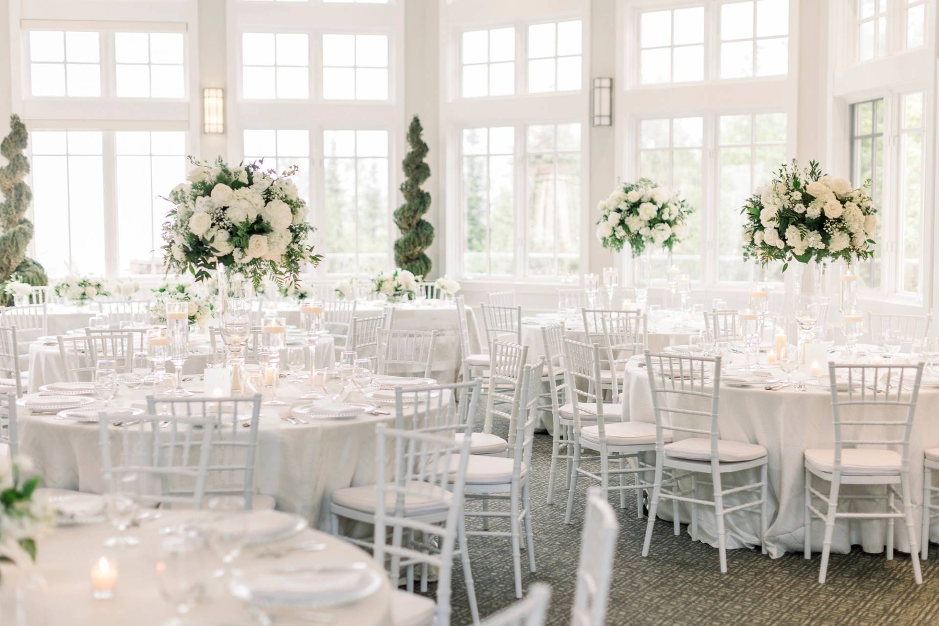 Tall white floral wedding centerpiece decor, Bay Harbor Golf CLub