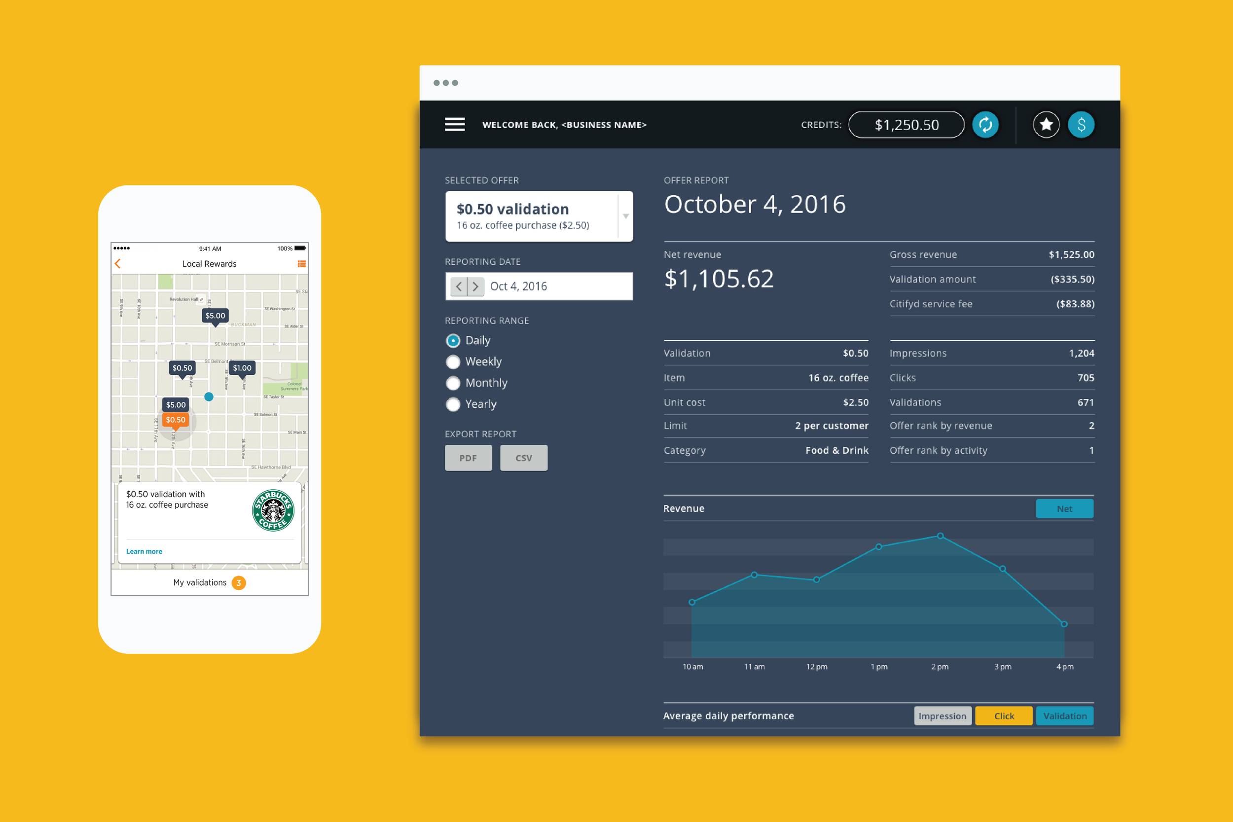 Mobile app mockup of a map in Citifyd and a desktop mockup of a business dashboard in Citifyd