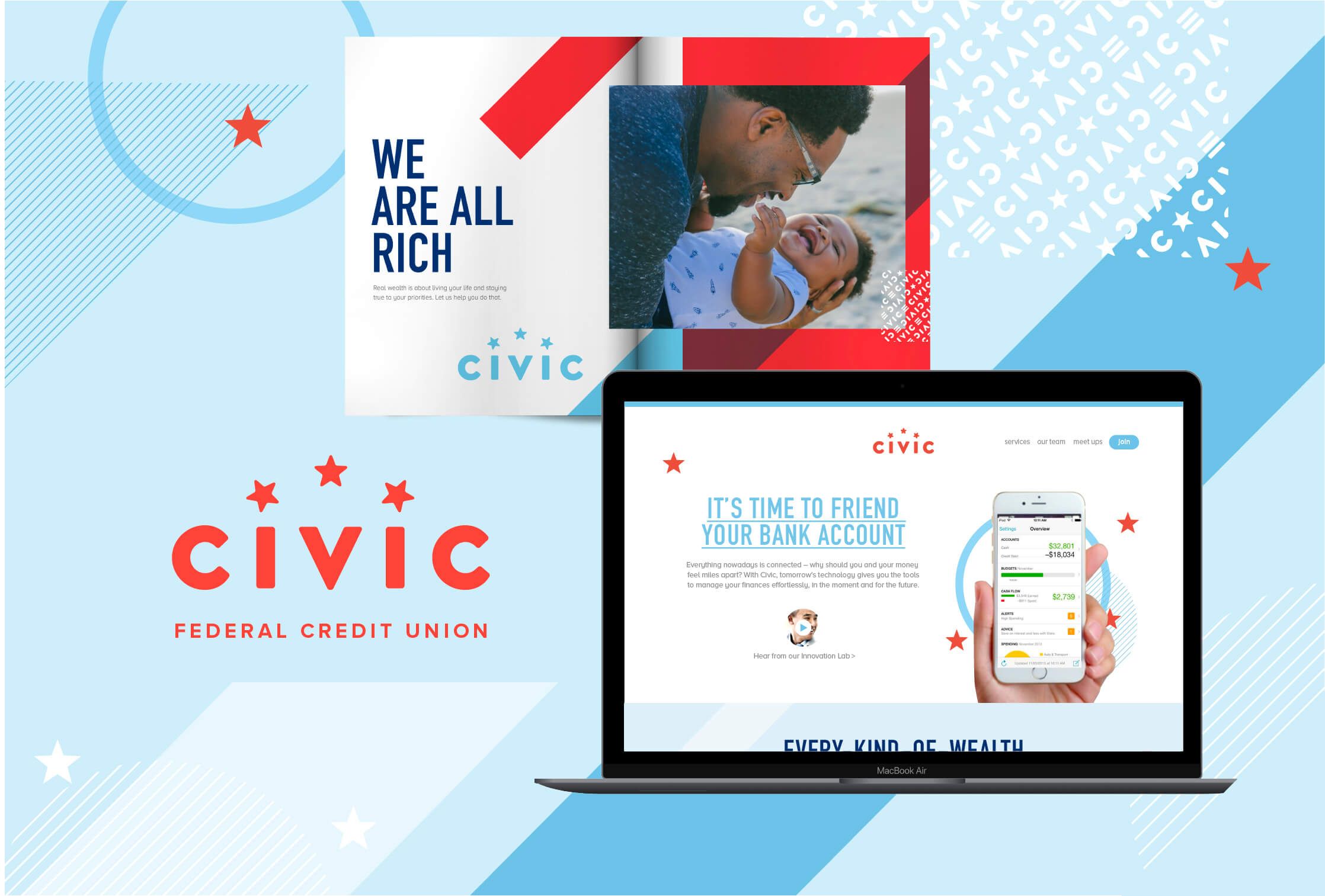 Promotional materials for Civic Federal Credit Union, featuring a brochure with the message 'We Are All Rich' and an image of a father and child, alongside a laptop displaying the credit union's website with the tagline 'It's Time to Friend Your Bank Account.'