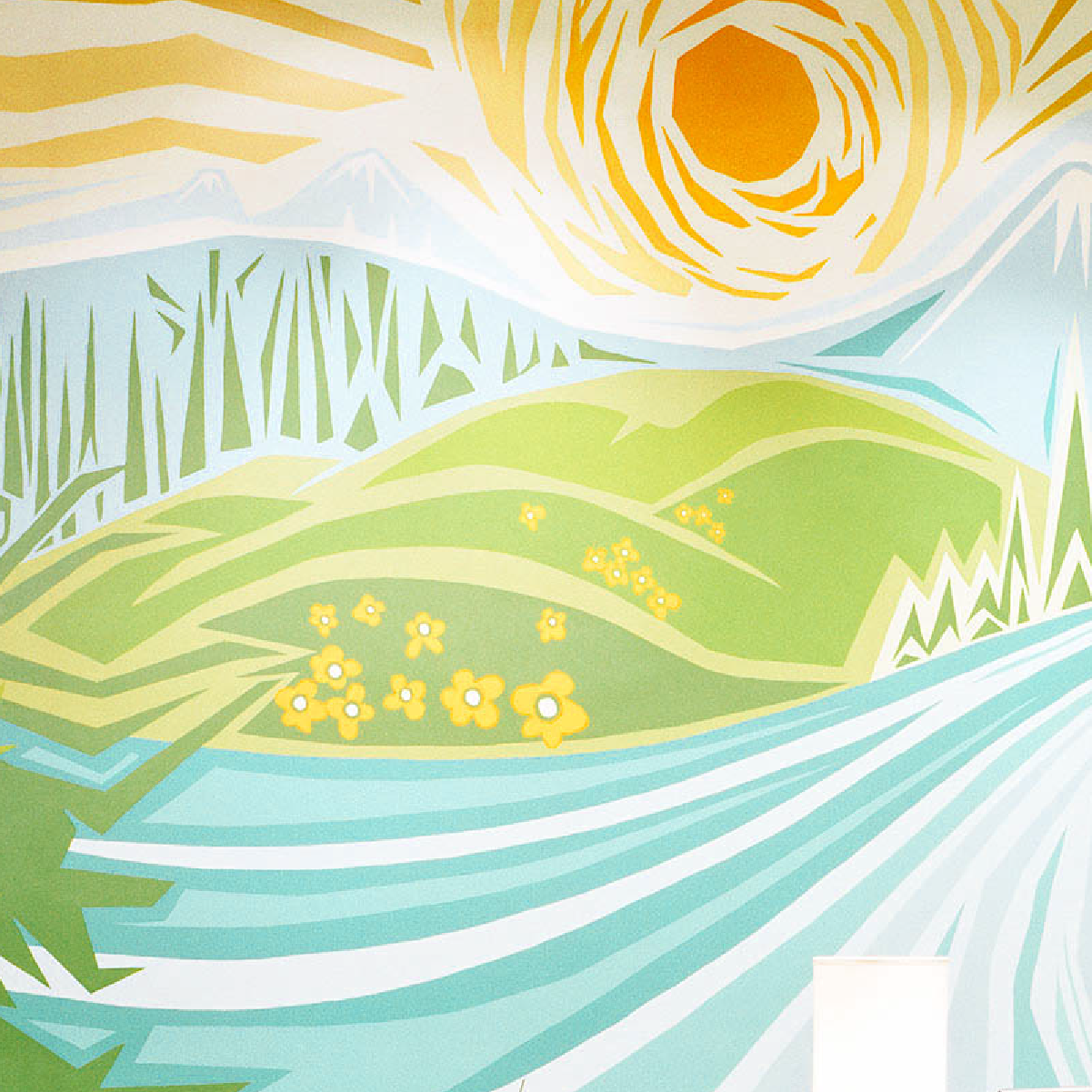 Stylized mural of a sunrise over a green field with yellow flowers and a blue river