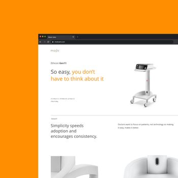Mockup of a redesigned website for Modo Carts on an orange background