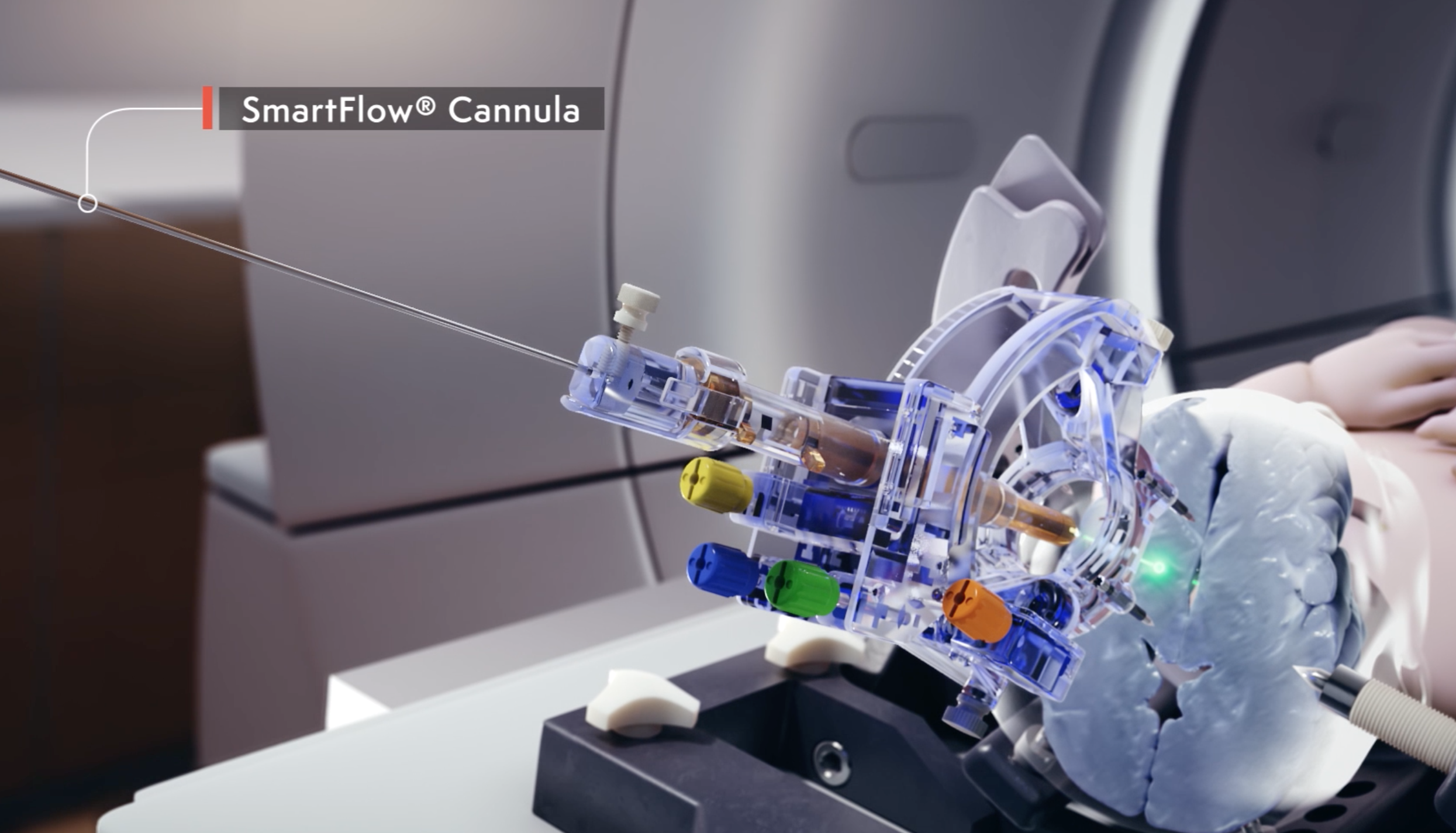 A surgical device attached to a mannequin that is laying down in front of a CT machine, with a long metal needle sticking out of the top that is labeled “SmartFlow Cannula”