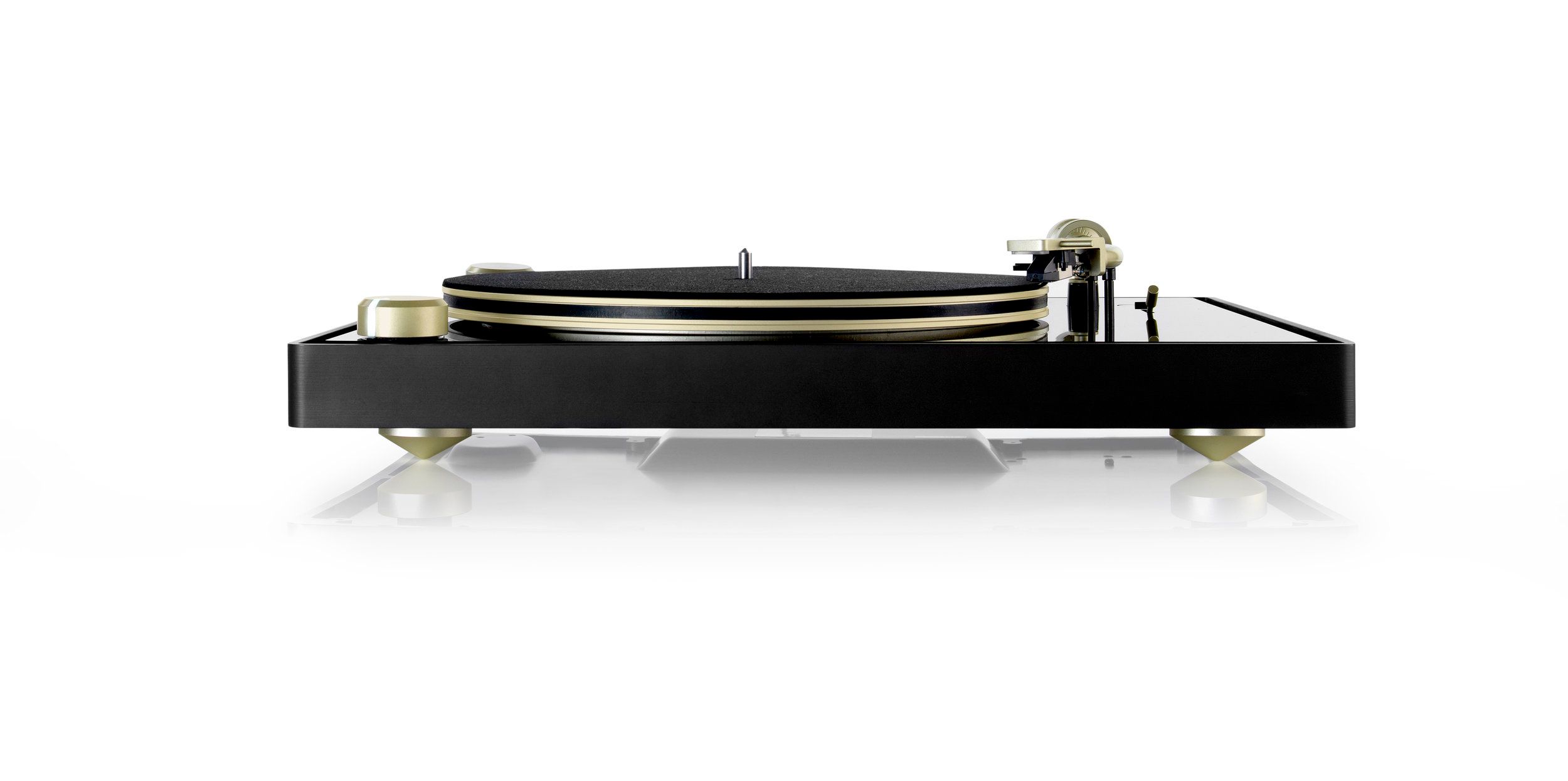 Black record player with a gold needle arm and other gold hardware