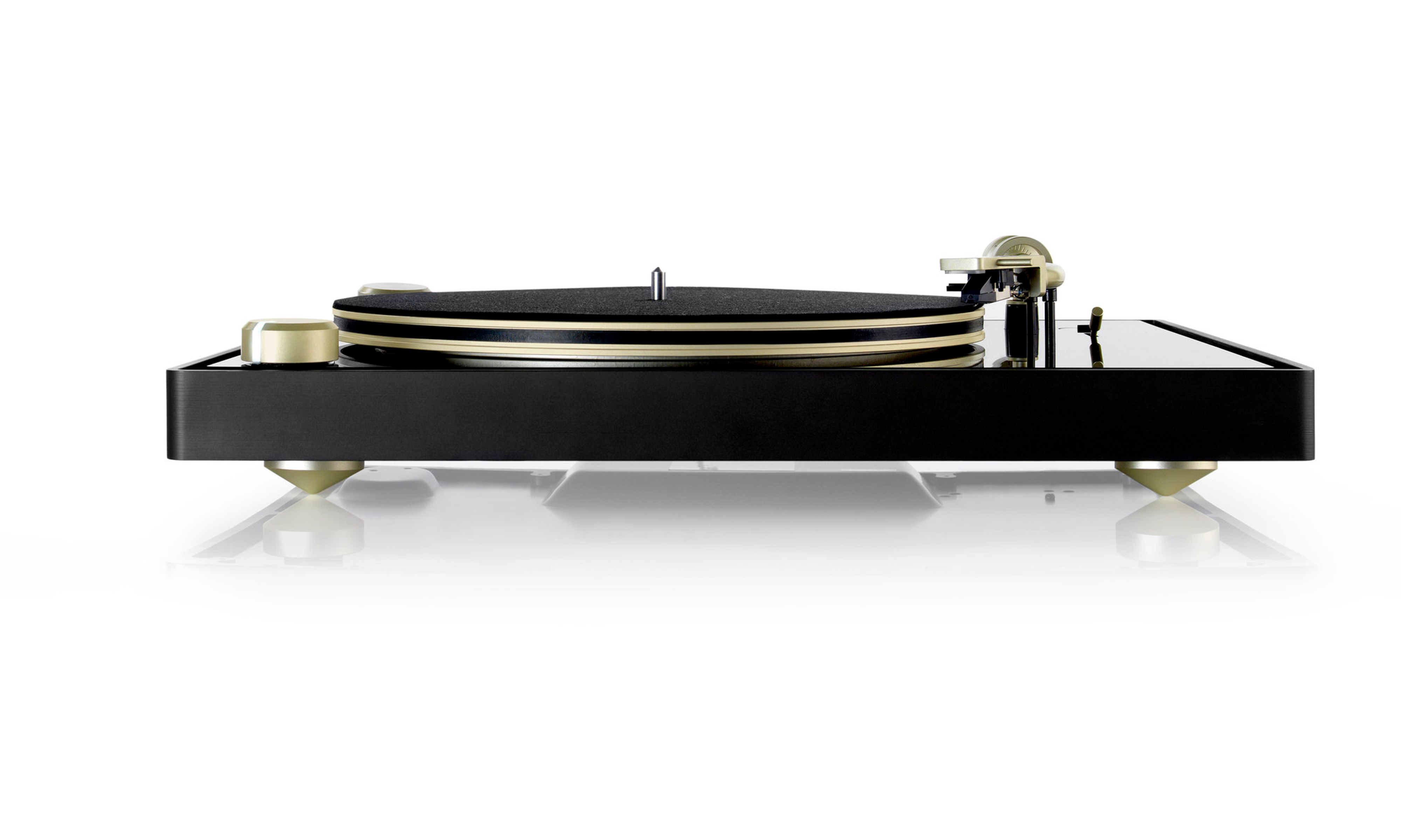 Black record player with a gold needle arm and other gold hardware