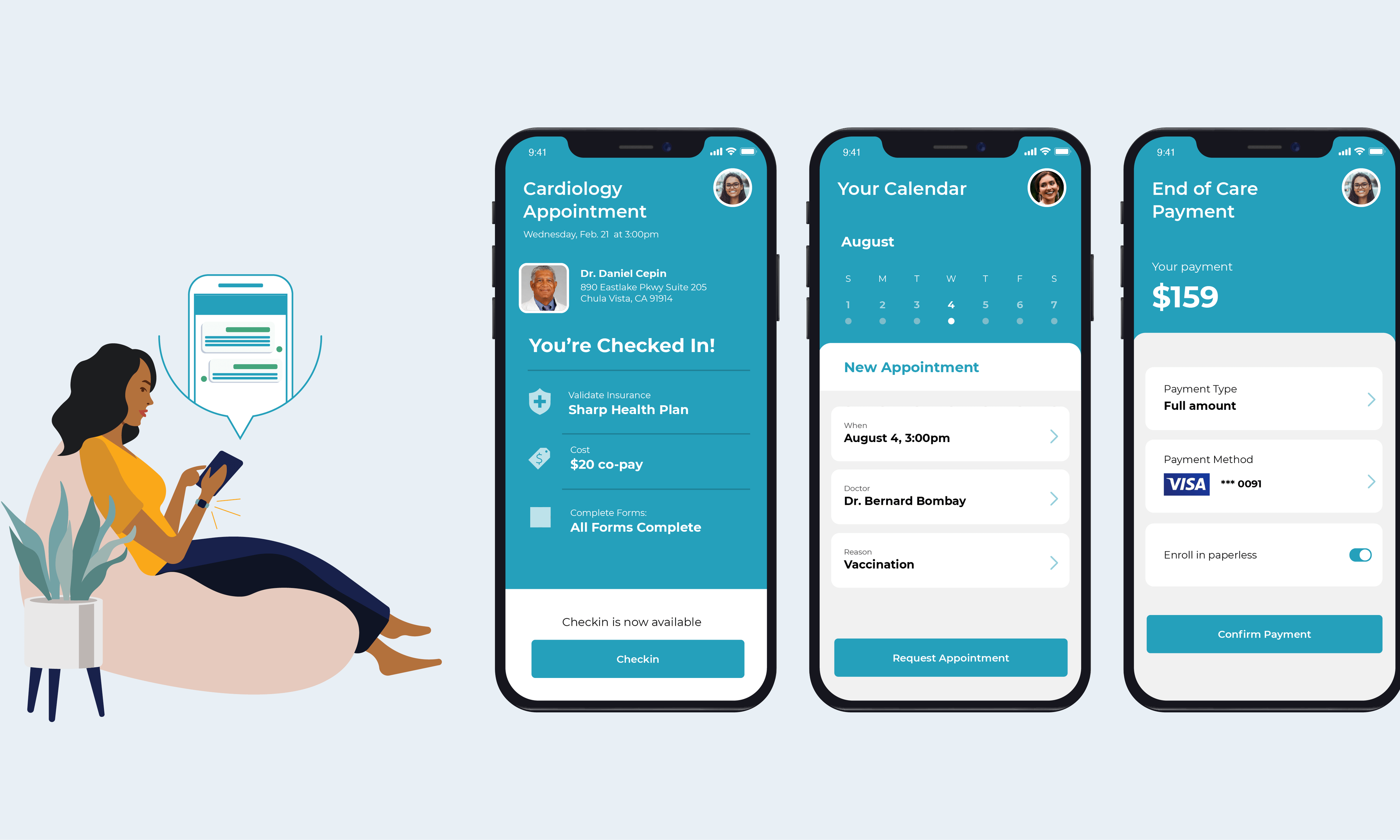 Illustration of a person sitting and using a mobile healthcare app, with three mockups of the app to the right