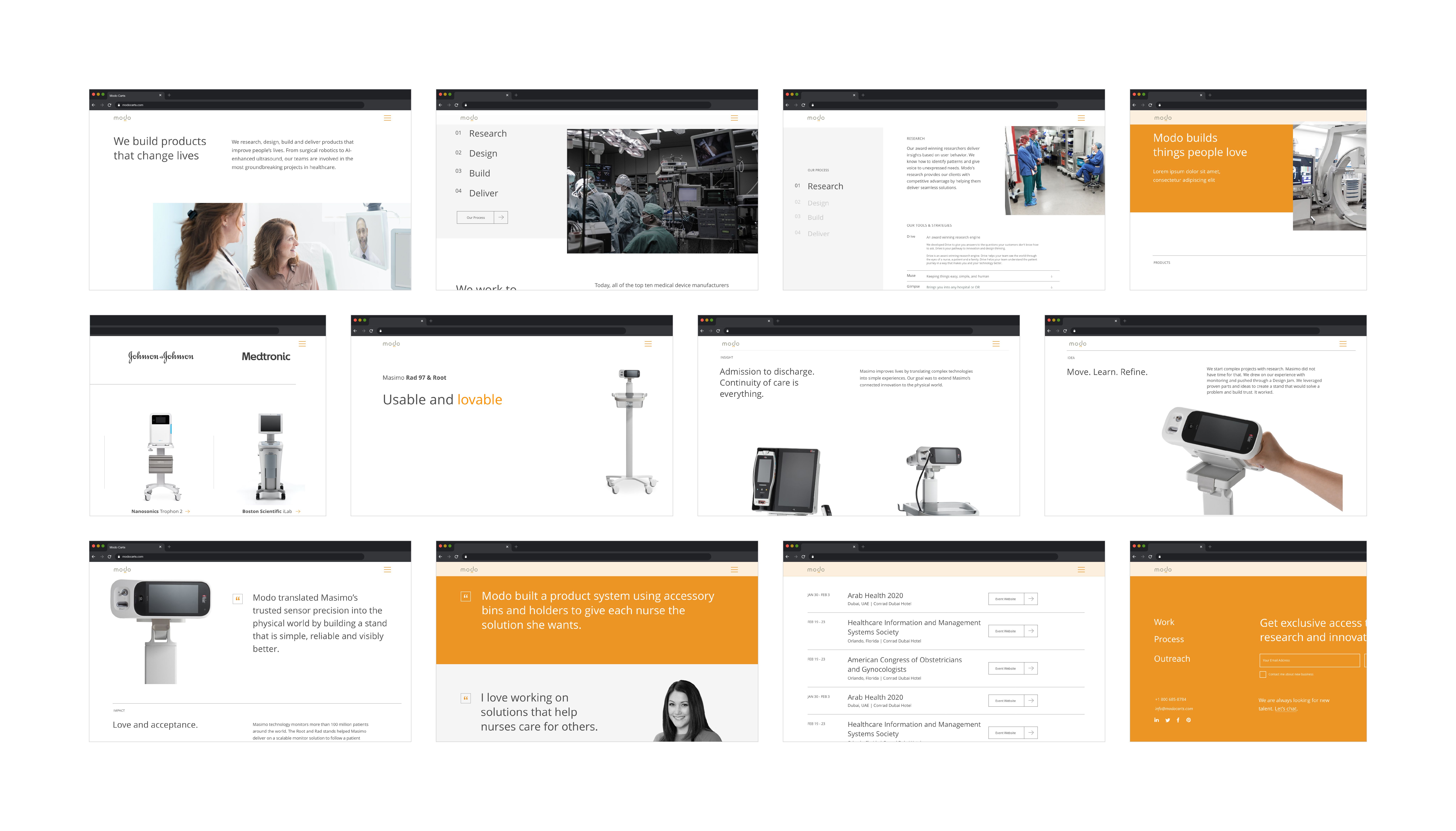 Twelve mockup screens of a redesigned website for Modo Carts