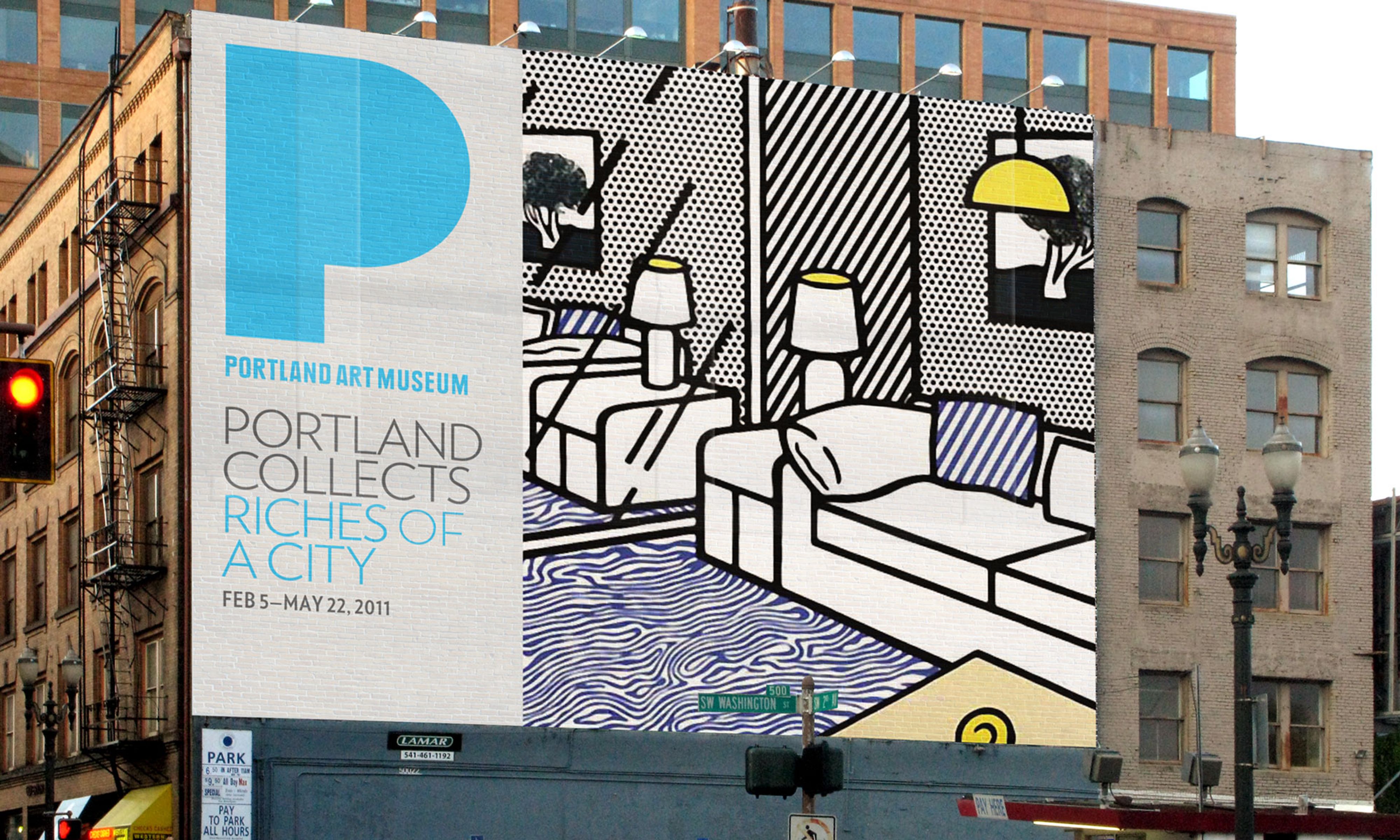 Billboard in downtown Portland that shows an illustration of a living room and reads “Portland collects riches of a city”
