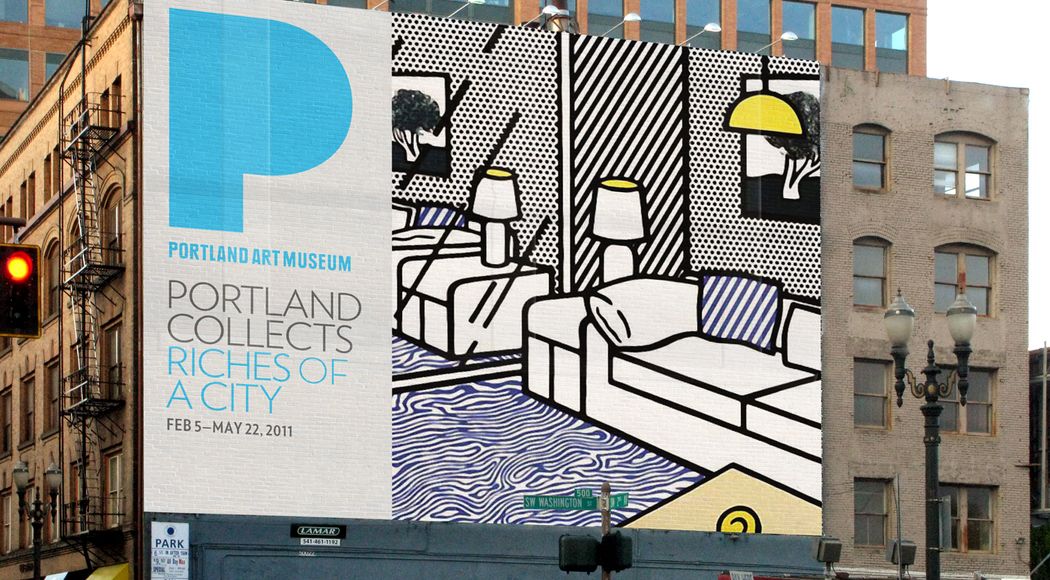 Billboard in downtown Portland that shows an illustration of a living room and reads “Portland collects riches of a city”
