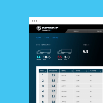 Mockup of the Detroit Connect desktop web app that features a data table that ranks drive scores for various trucks
