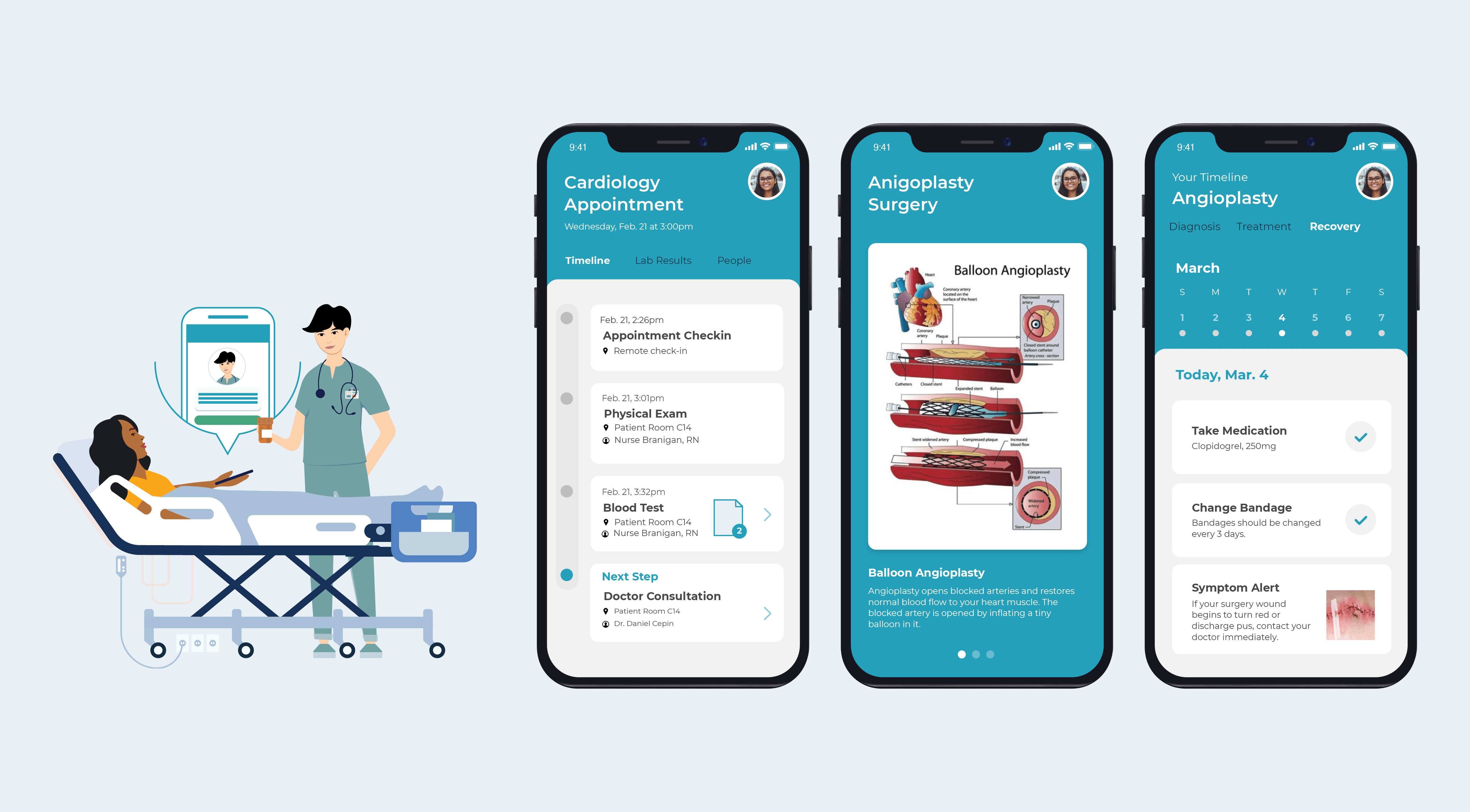 Illustration of a person on a hospital bed talking to a doctor, with three mockups of a mobile healthcare app to the right