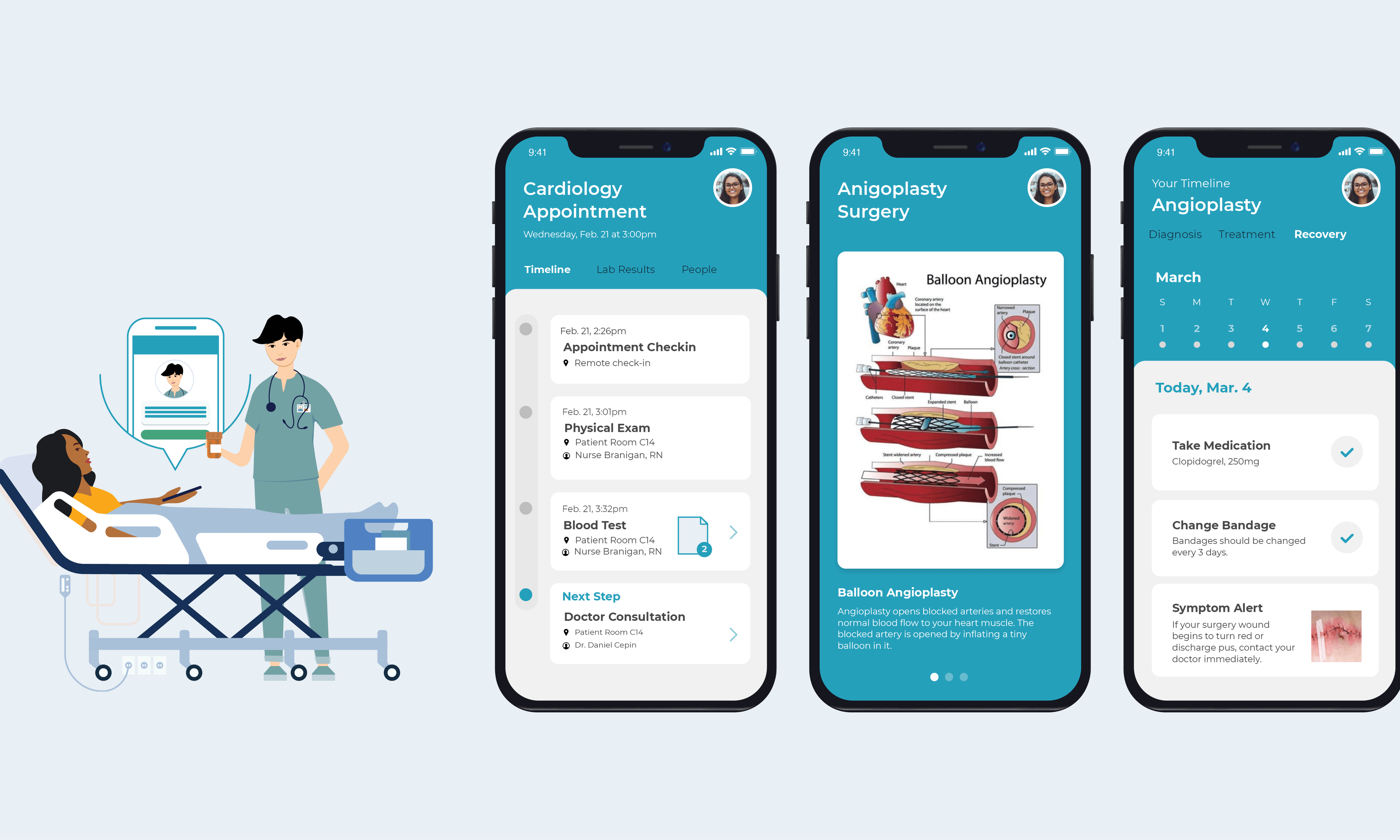 Illustration of a person on a hospital bed talking to a doctor, with three mockups of a mobile healthcare app to the right