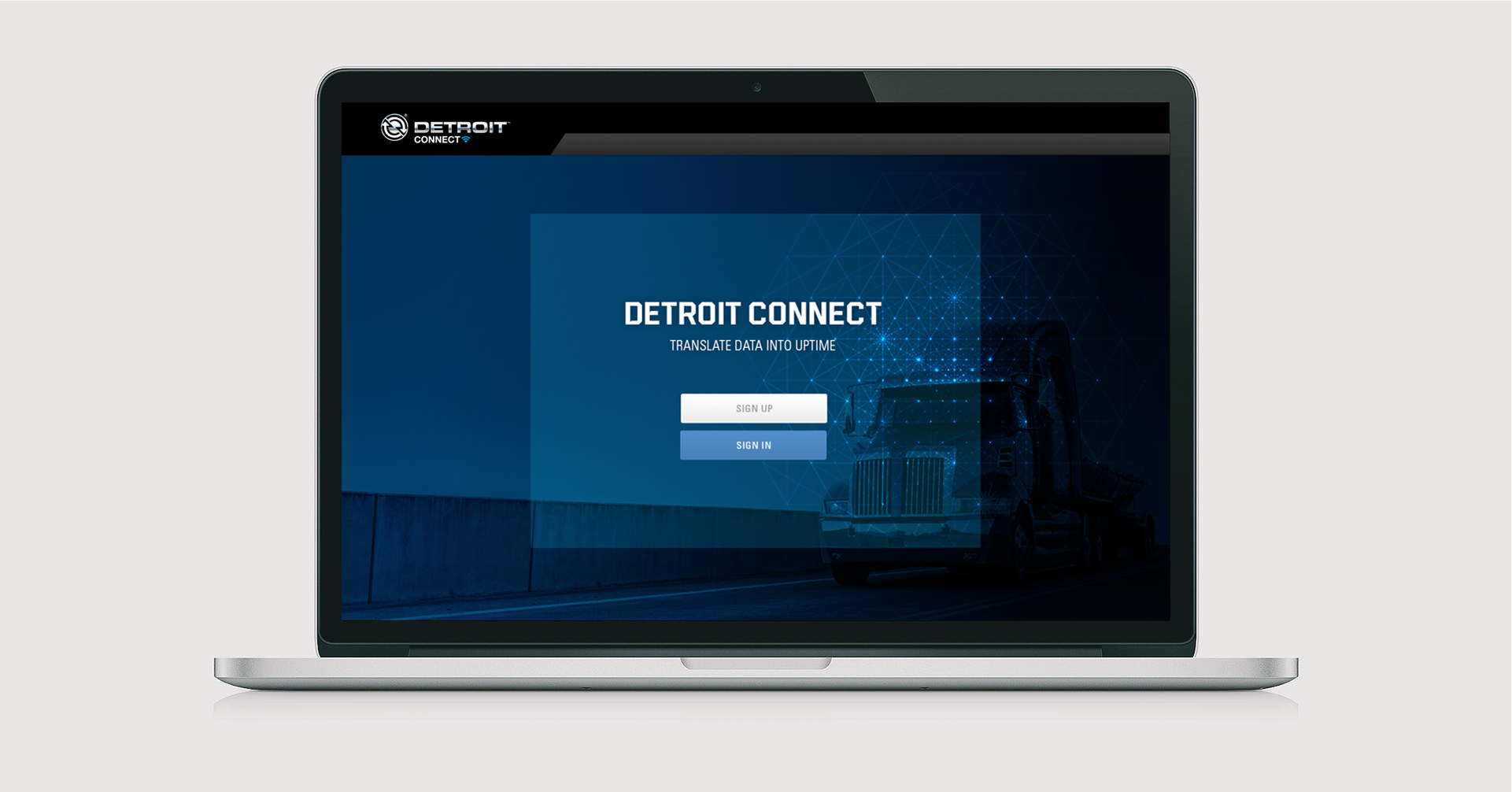 Detroit Connect website showing a sign up form on top of a darkened image of a semi truck