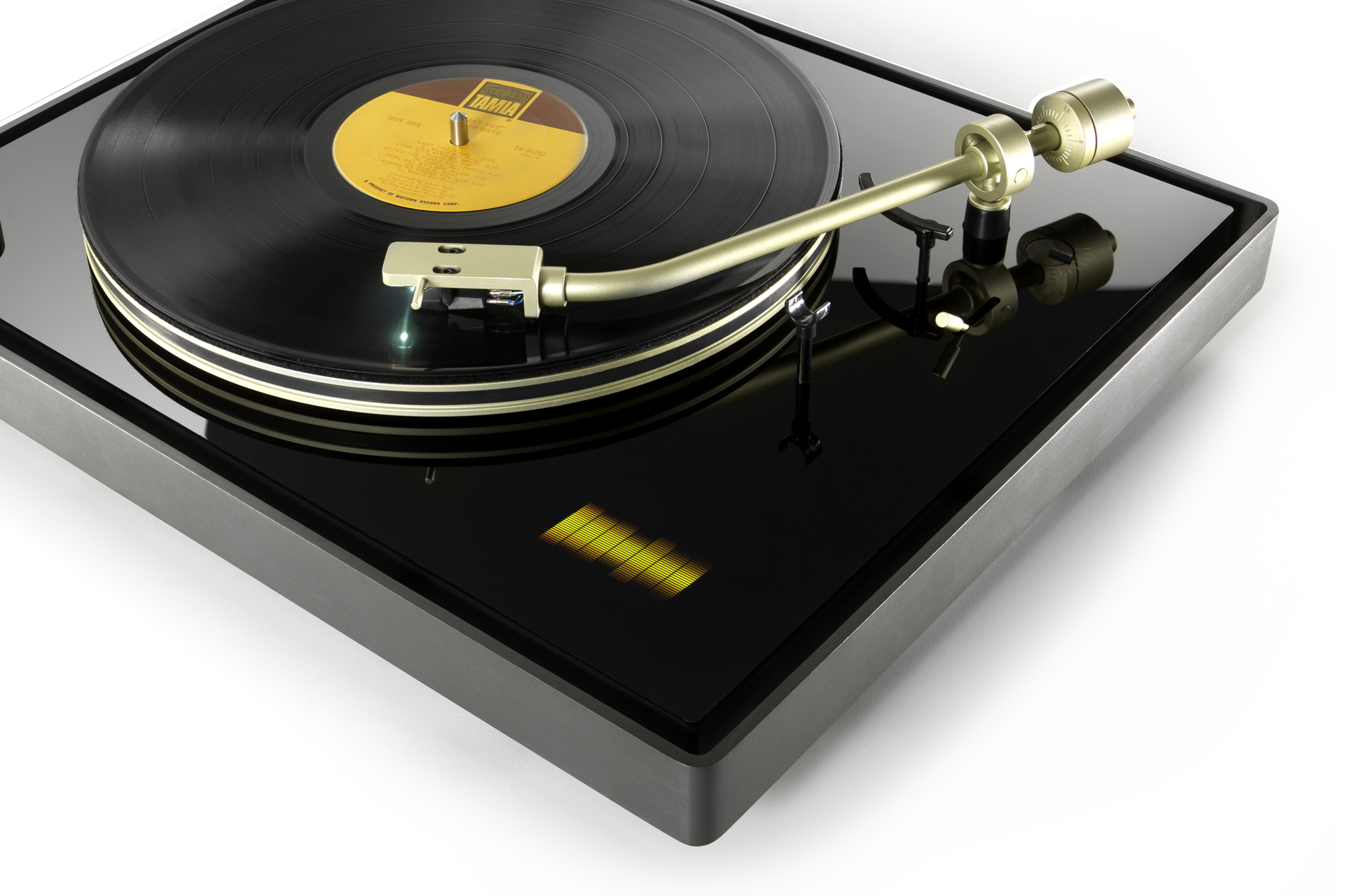 Black record player spinning a record, with a gold needle arm and a digital interface showing orange audio waves