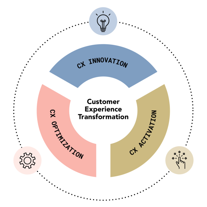 Circular infographic showing the connection between CX innovation, optimization, and activation