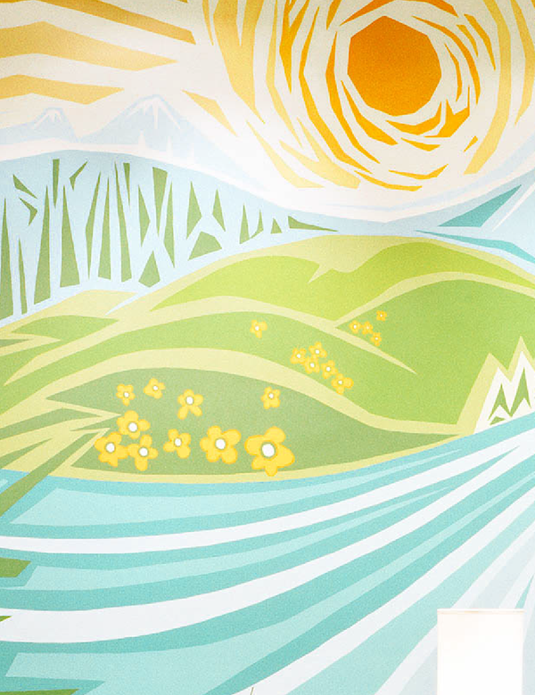 Stylized mural of a sunrise over a green field with yellow flowers and a blue river