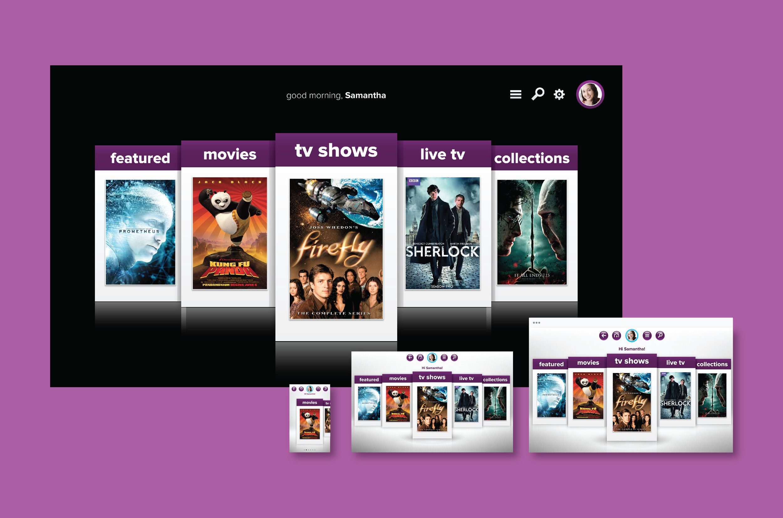 Several versions of a home page of the Dreamworks app showing various categories of media, movies, and tv shows