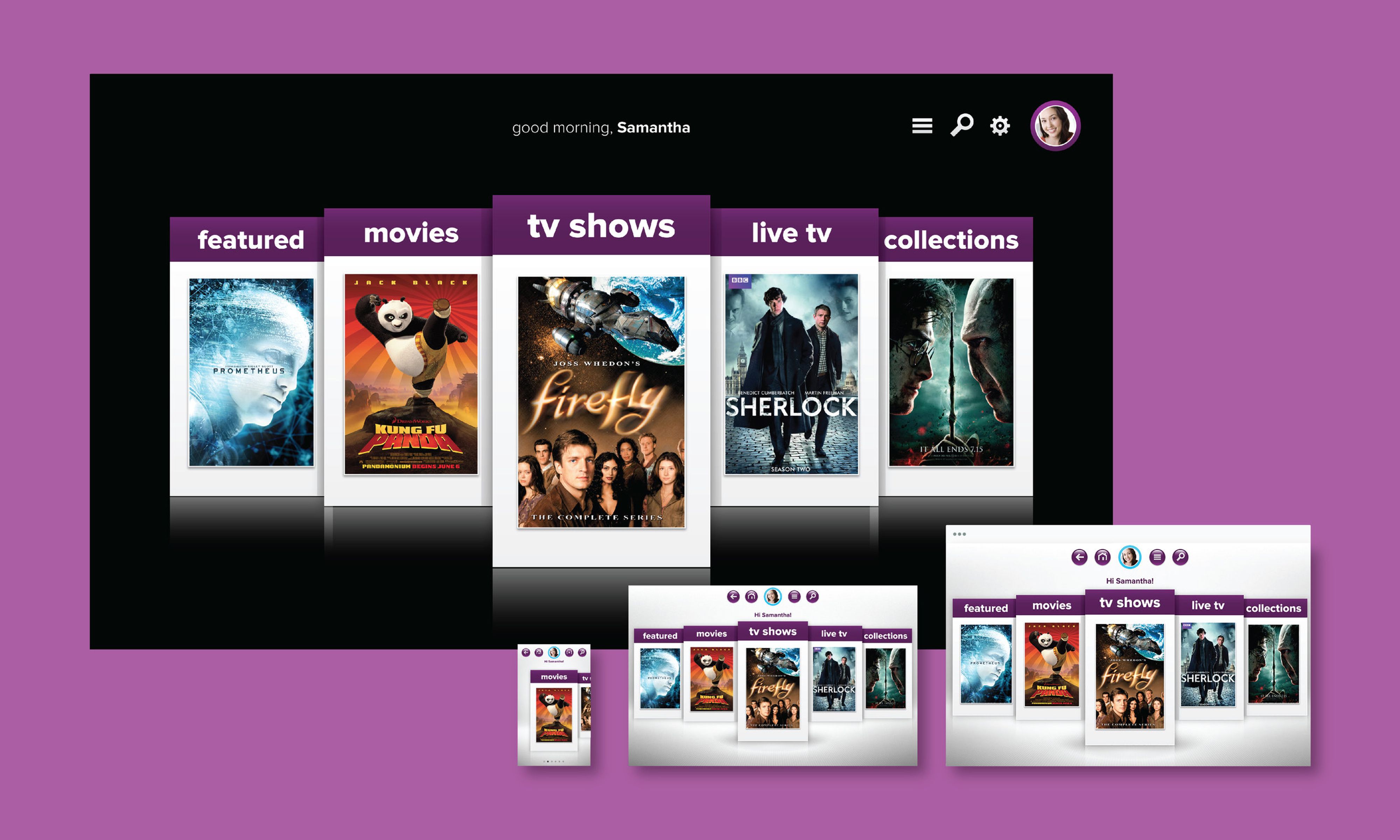 Several versions of a home page of the Dreamworks app showing various categories of media, movies, and tv shows