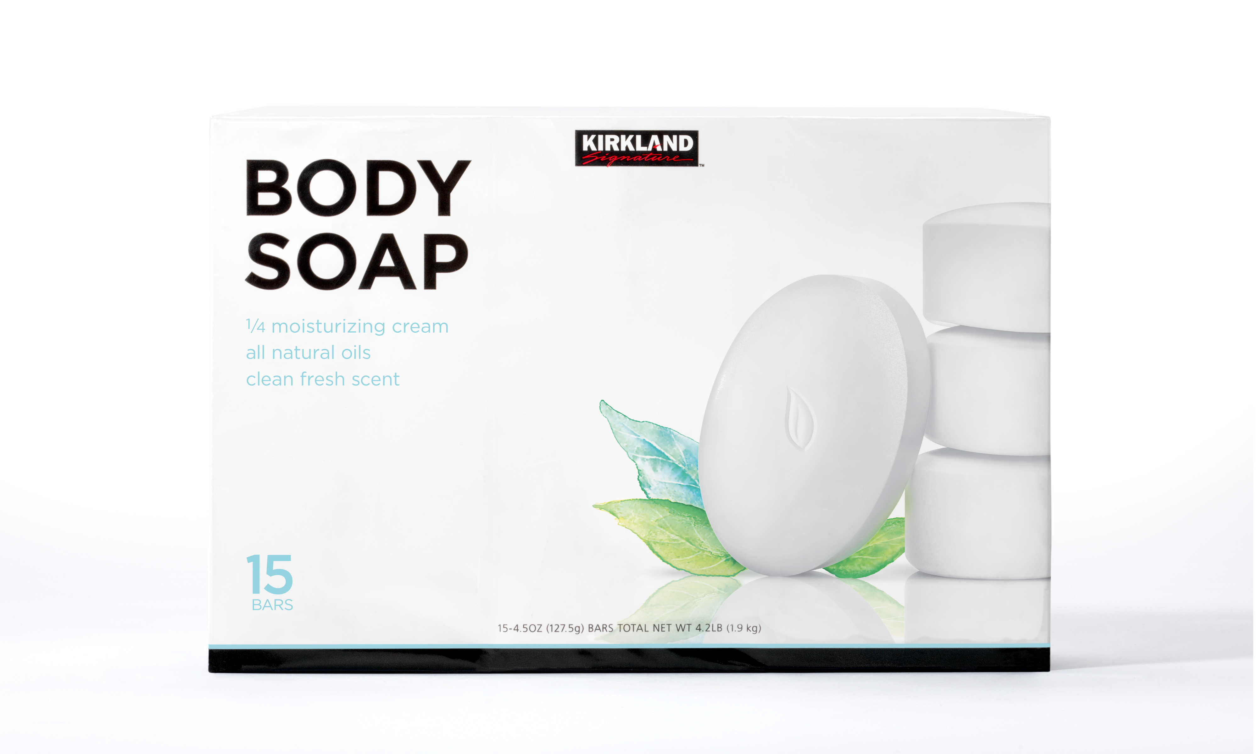Package of Kirkland Signature Body Soap, featuring an image of a stack of white soap bars with one bar leaning against the stack, and decorative painted blue and green leaves