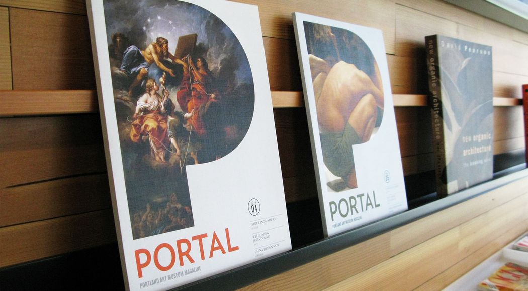 Two copies of the Portland Art Museum Magazine that feature large stylized P shapes that contain classical works of art