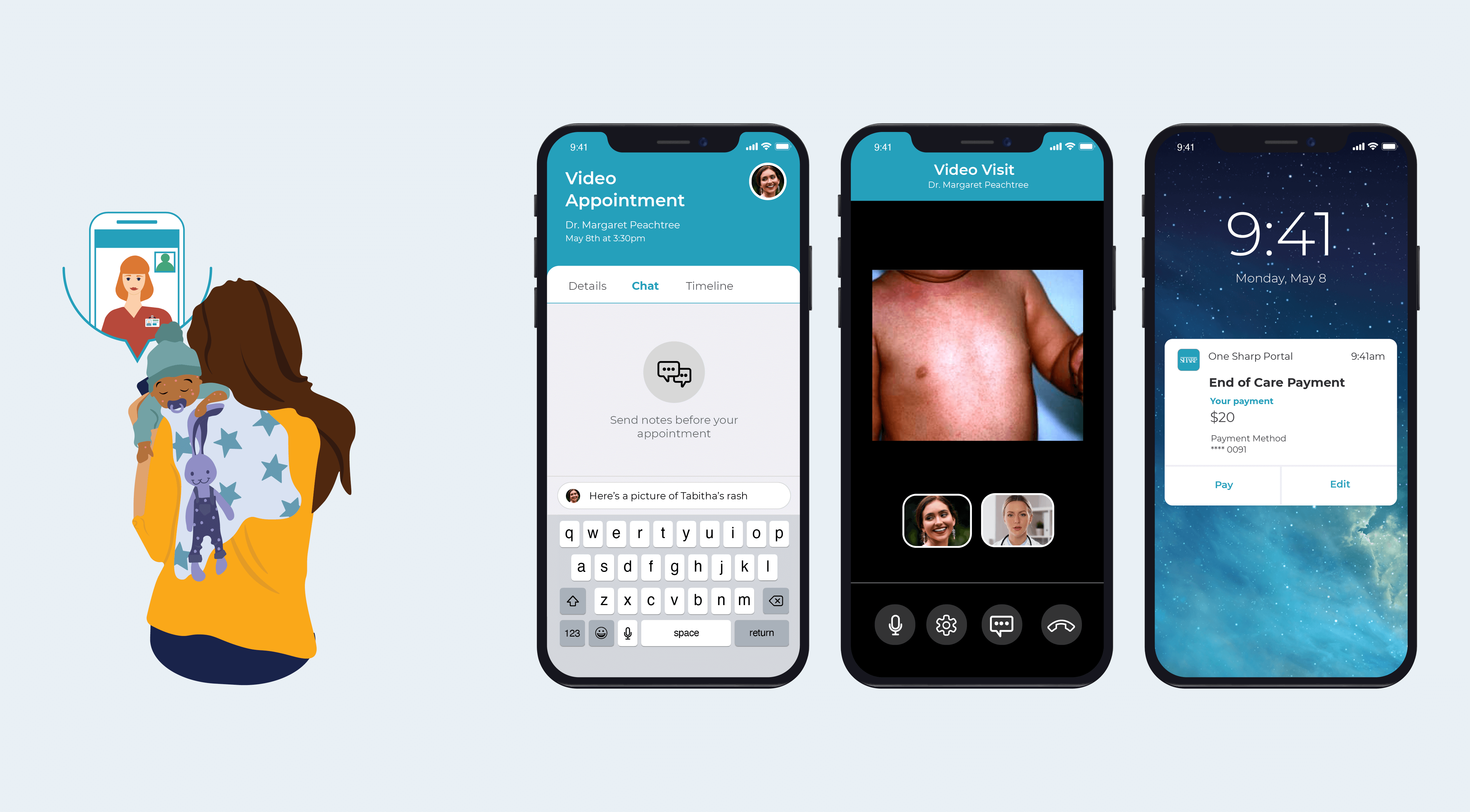 Illustration of a mother holding her baby while talking to a physician on a mobile healthcare app, with three mockups of the app to the right