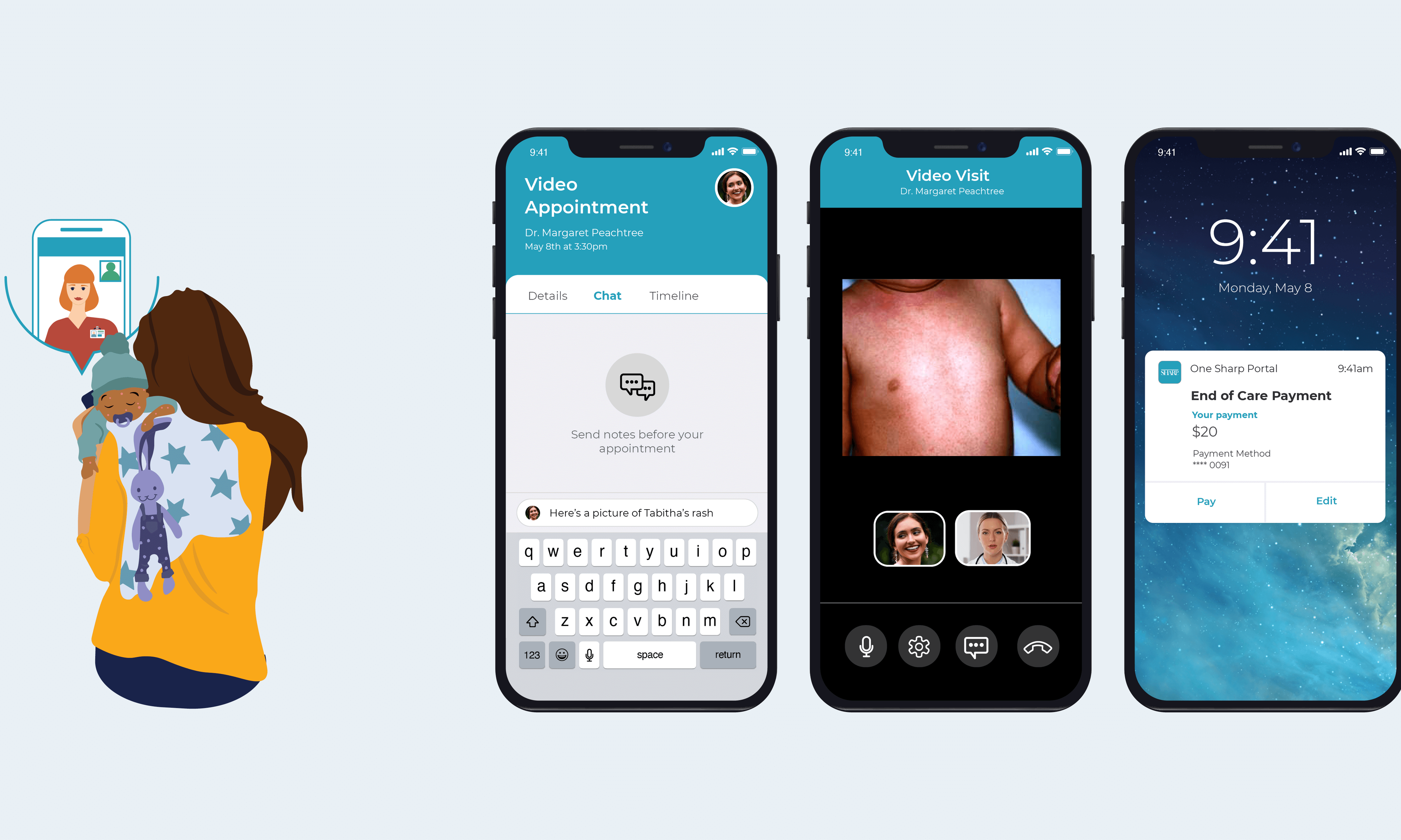 Illustration of a mother holding her baby while talking to a physician on a mobile healthcare app, with three mockups of the app to the right