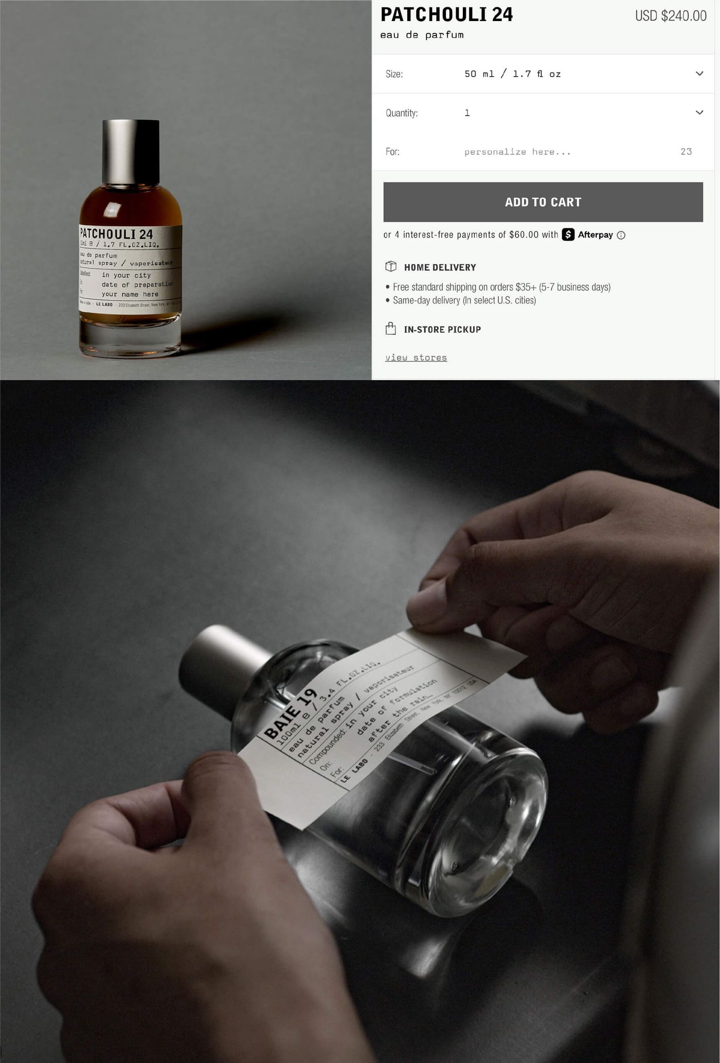Le Labo's bespoke labels feature a customer's name, city, and the date the product was hand-blended