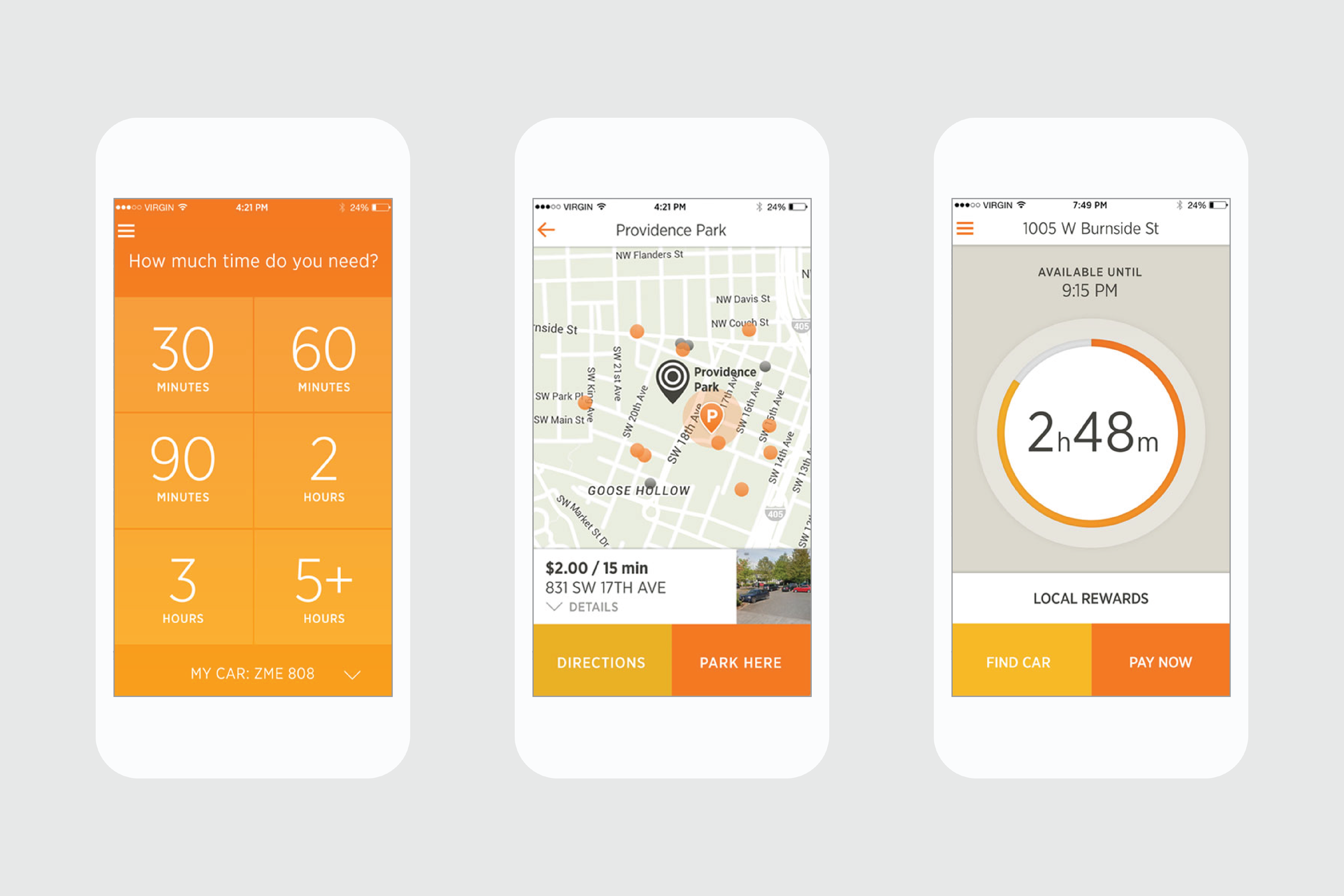 Three mockups of the Citifyd mobile app showing parking times and a map