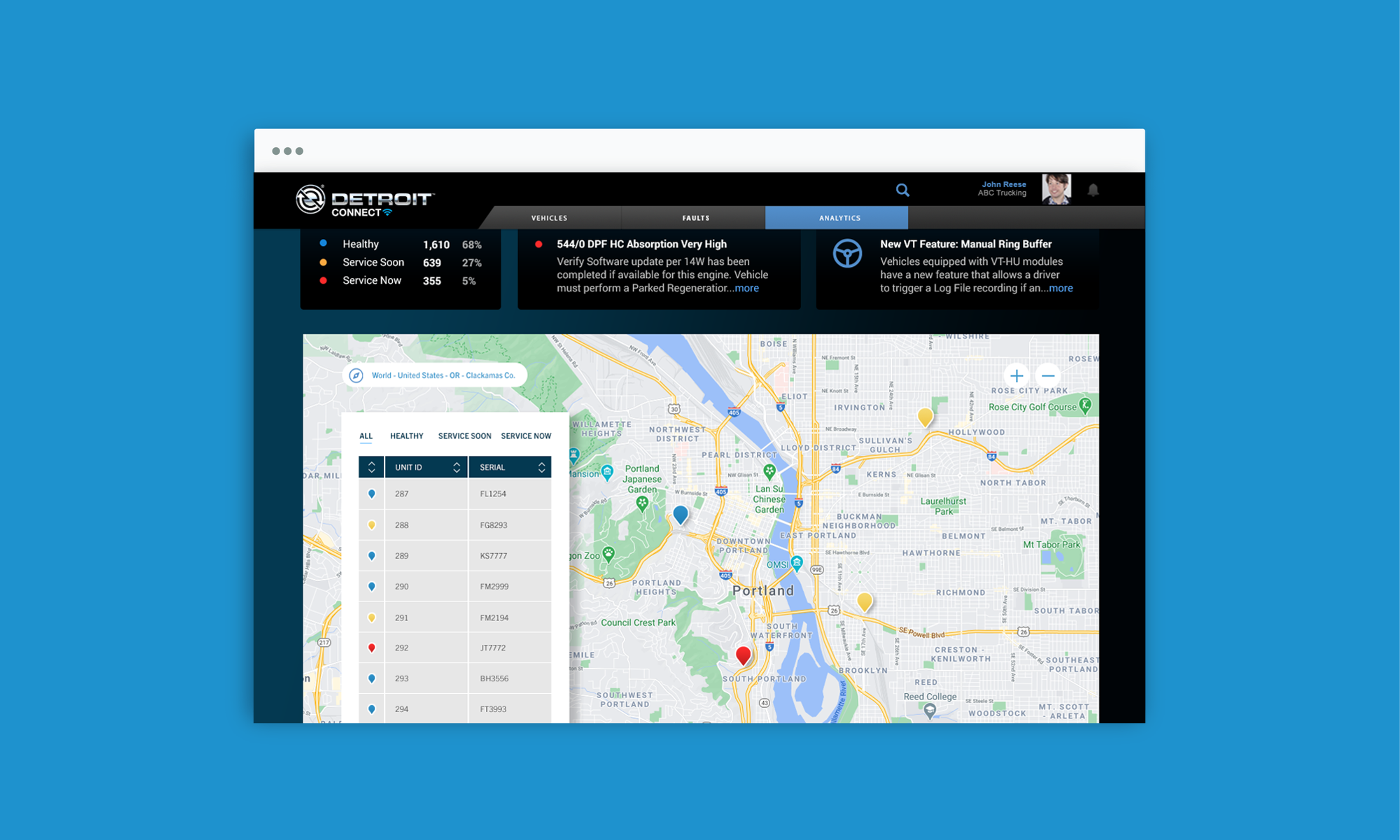 The Detroit Connect web app, displaying a map that shows locations of trucks that need varying levels of service