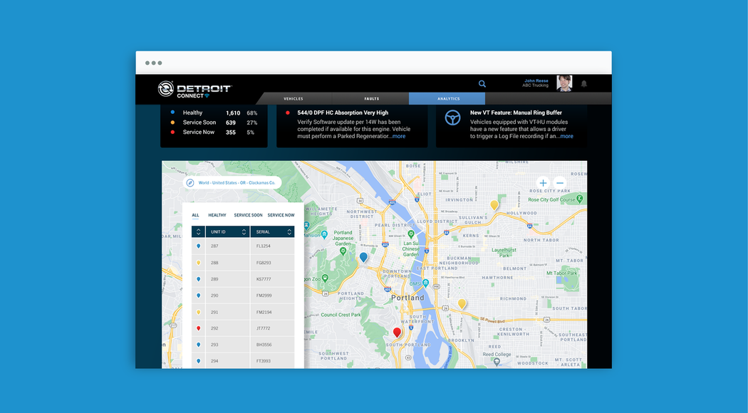 The Detroit Connect web app, displaying a map that shows locations of trucks that need varying levels of service