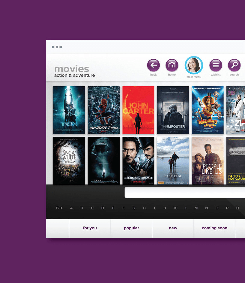Mockup of a desktop app for Dreamworks that shows a gallery of movies to choose from and search for