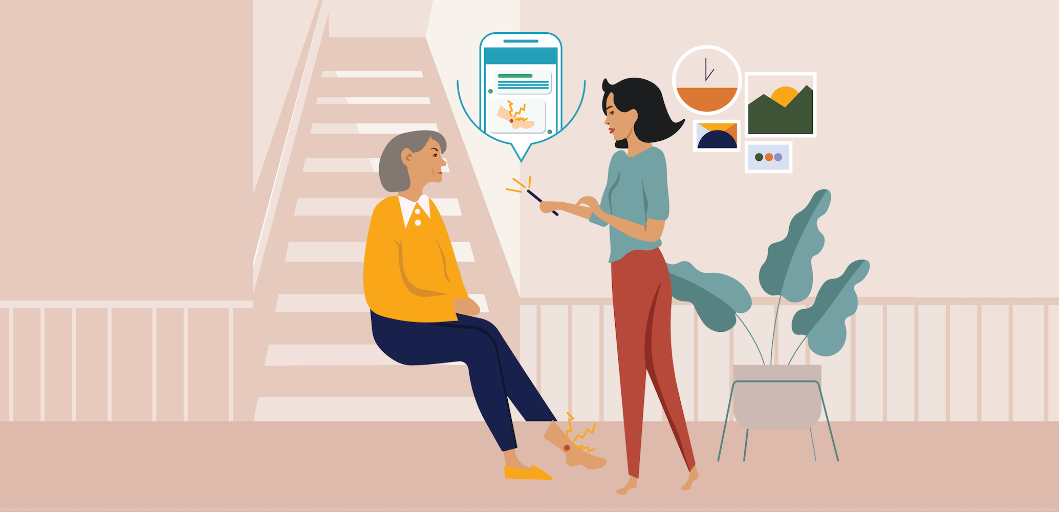 Illustration of two people discussing a healthcare mobile app