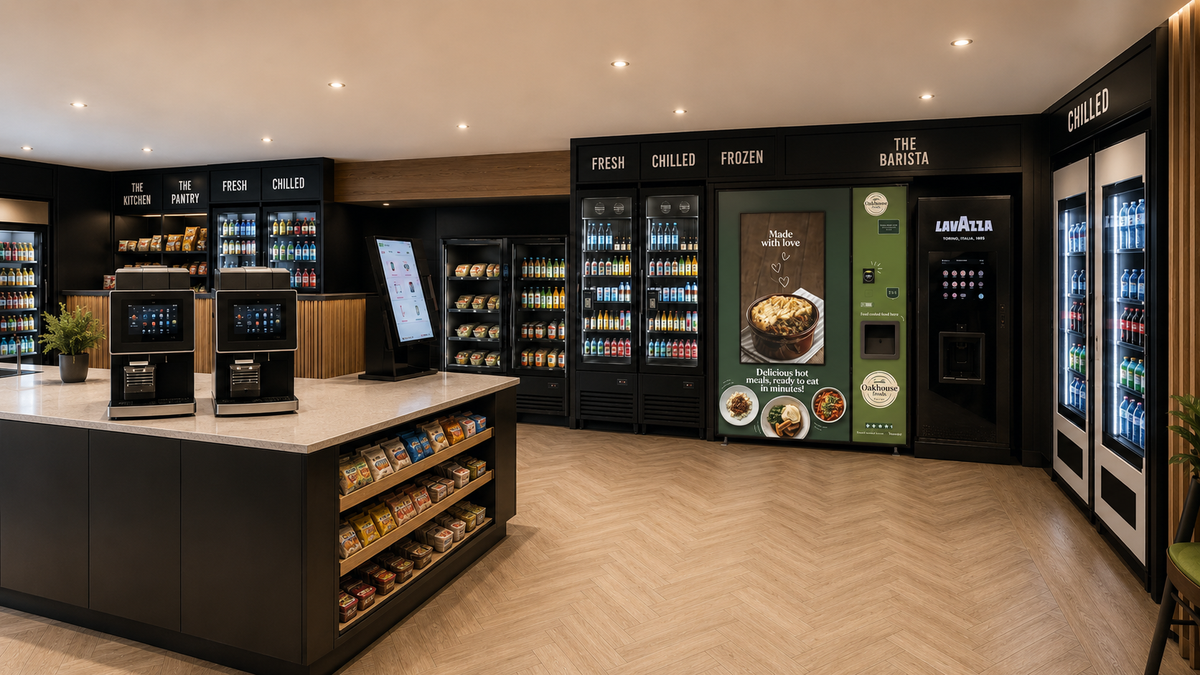 Micromarket showing Smart Fridges, Subzero, Neo coffee machine, SmartQube coffee machines